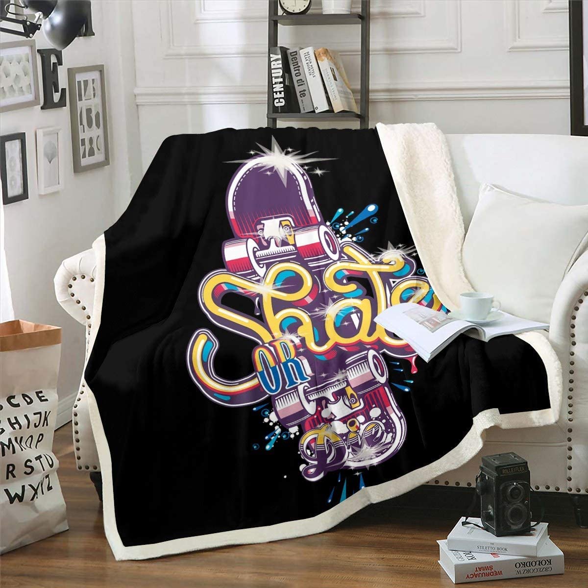 Feelyou 90x90 Inch 3D Skateboard Sherpa Fleece Blanket - Soft Plush Throw for Teens, Kids & Boys - Extreme Sports, Street Hipster Decor - Perfect for Bedroom, Couch, Camping & Gifts