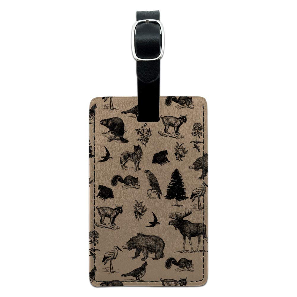 Forest Animals Pattern Leather Luggage Tag - Moose Bear Wolf Design Rectangle ID Card Holder for Travel Bags, Suitcases & Backpacks | Perfect for Camping, Hiking & Outdoor Adventures