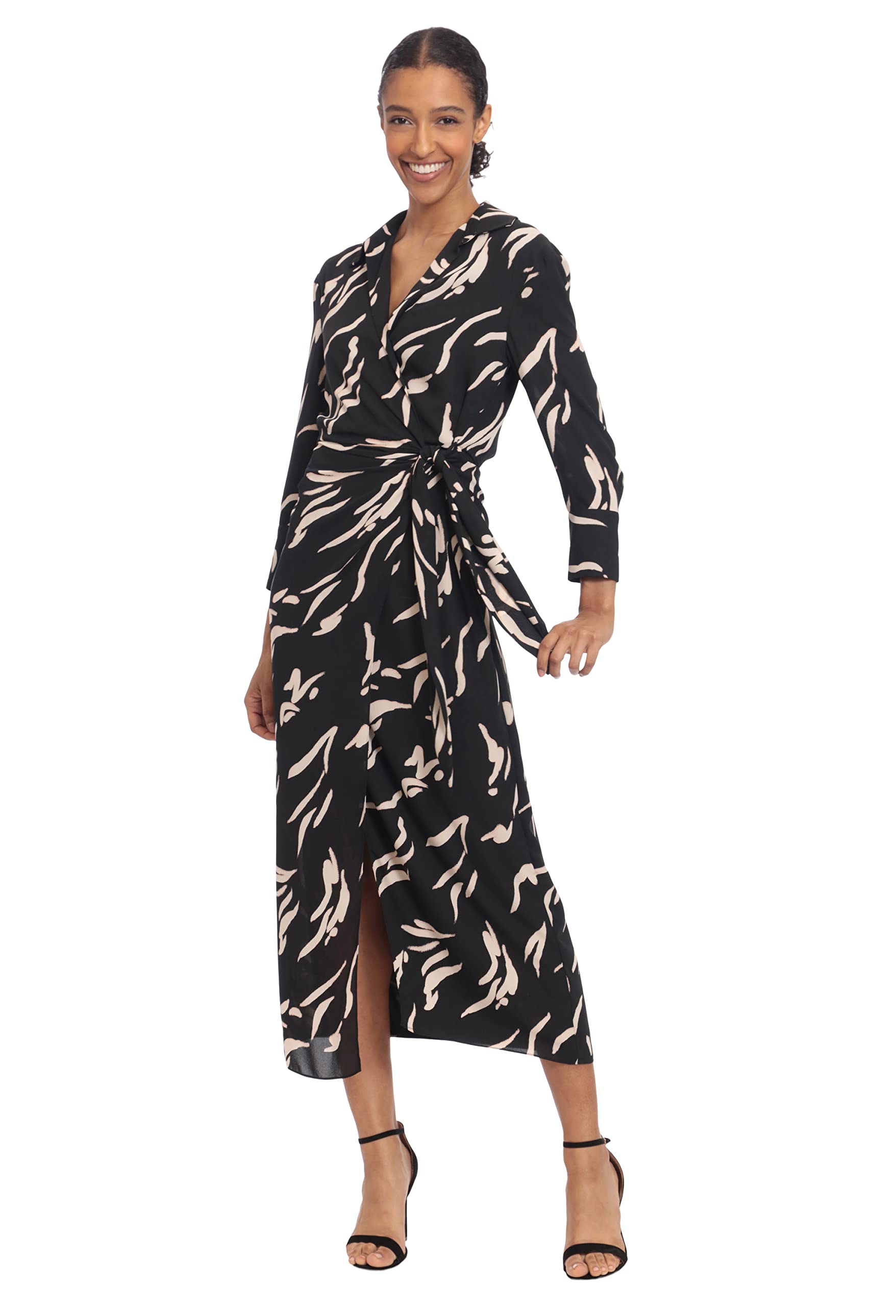 Donna Morgan Women's Elegant Long Sleeve Midi Wrap Dress for Work & Special Occasions | Flattering A-Line Silhouette | Office Wear & Cocktail Party Outfit
