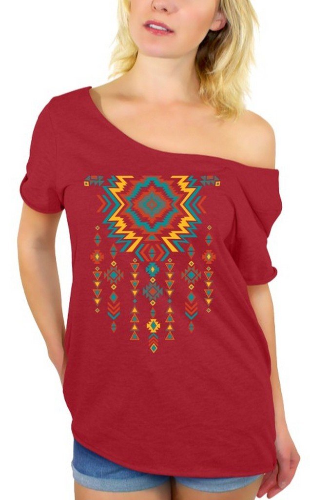 Stylish Women's Southwest Print Off-Shoulder T-Shirt with Matching Bookmark - Boho Chic Summer Top for Casual Outings & Music Festivals