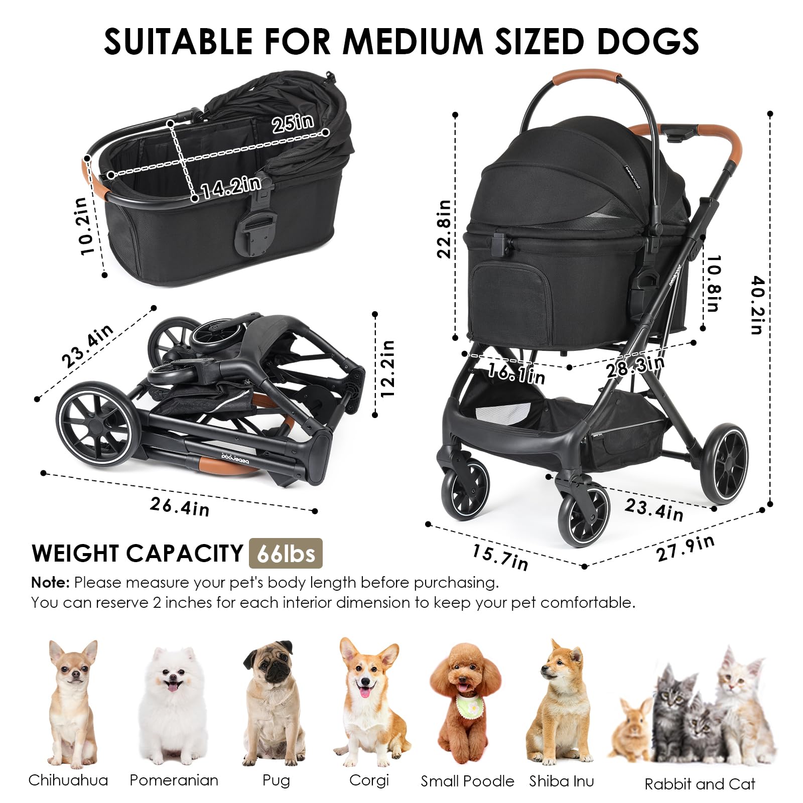 Premium T6 Luxury Pet Stroller for Medium Dogs Up to 66lbs or 2 Small Dogs & Cats - Foldable, Detachable Carrier with Wheels (Black) | Perfect for Outdoor Walks, Vet Visits & Shopping Trips