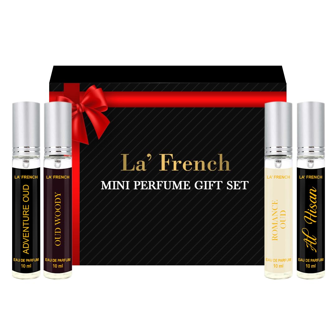 LA' French Oudh Liquid Perfume Gift Set 4X10ML for Men - Long Lasting Eau De Parfum with Adventure Oud, Romance Oud, Al Hisan & Oud Woody Scents | Premium Oriental Fragrance Mini Trial Pack | Perfect for Gifts, Travel & Special Occasions