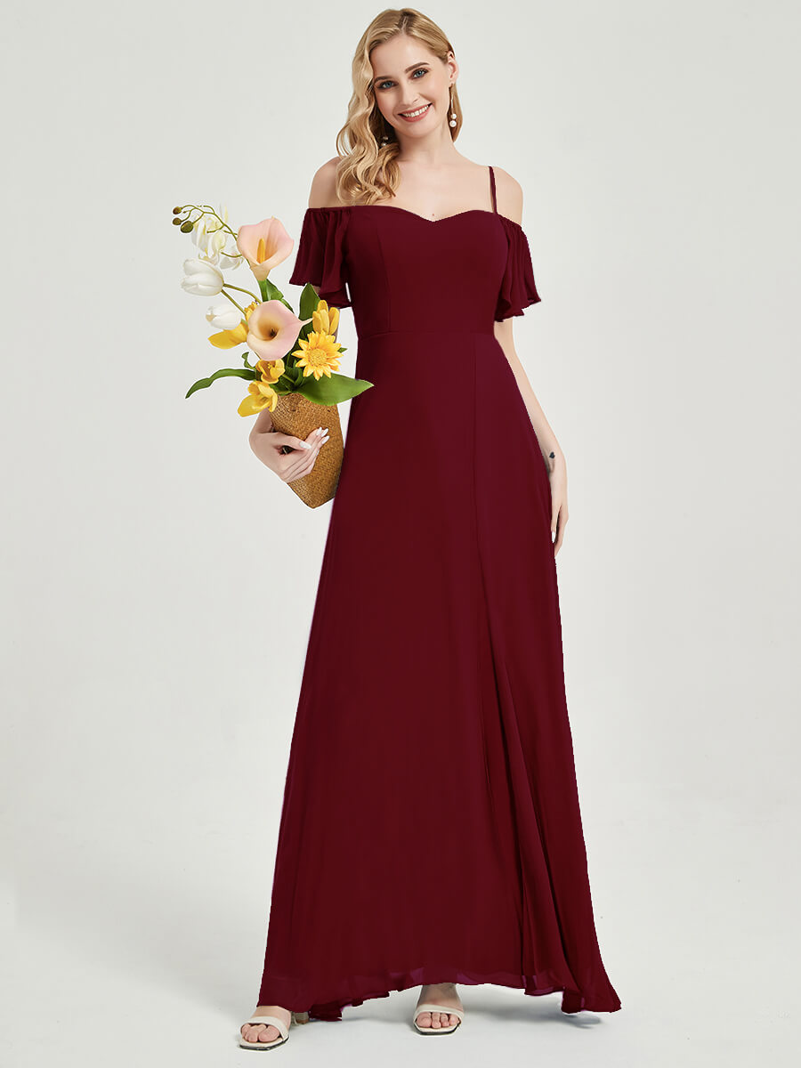 Elegant Burgundy Spaghetti Strap A-Line Chiffon Bridesmaid Dress with Side Slit | Formal Wedding Party Gown for Bridesmaids, Evening Gala & Special Occasions
