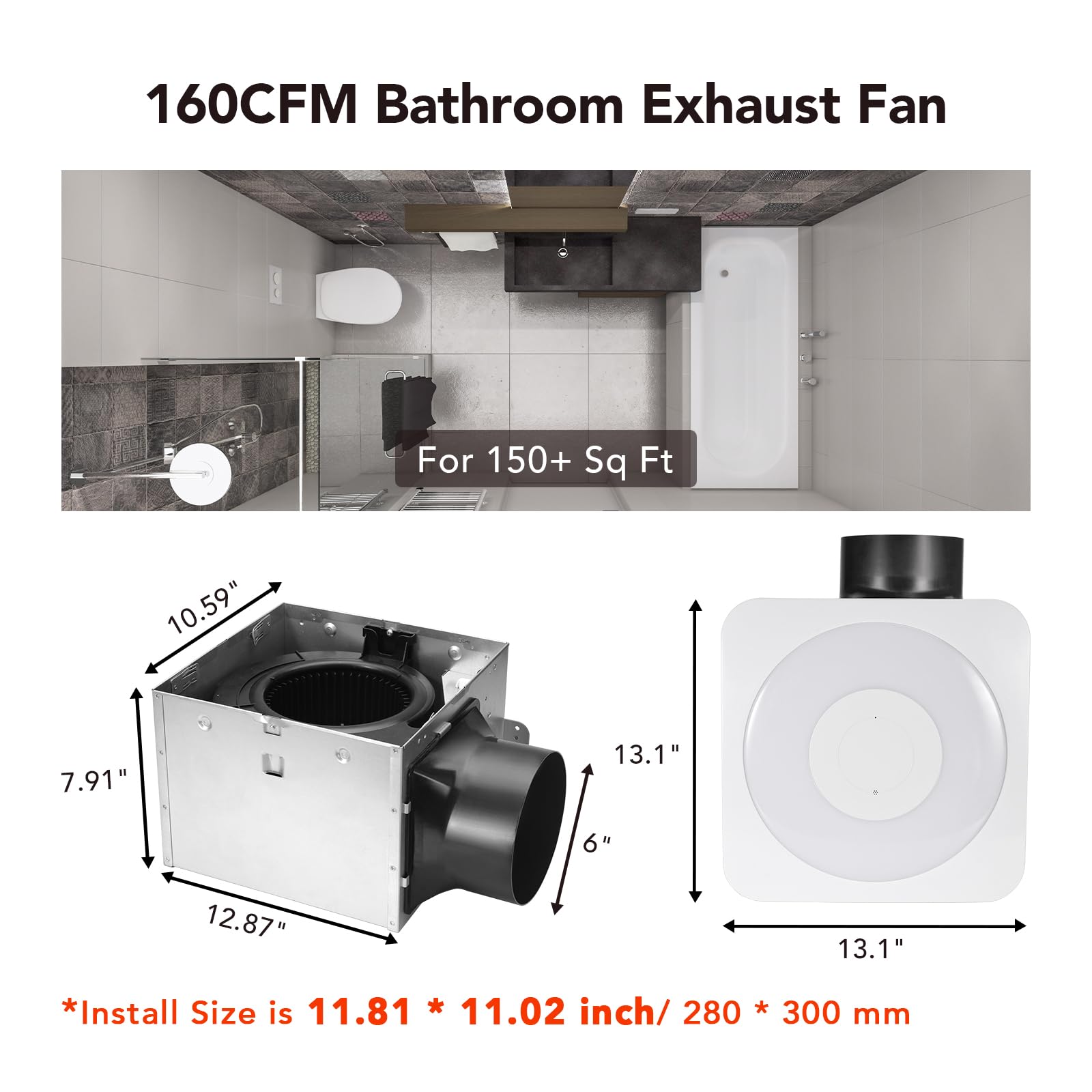 OREiN OL003 Bathroom Exhaust Fan with LED Light - 40W Humidity Sensor, 160 CFM, 1.0 Sones, 1500lm Brightness, 3000K/4000K/5000K Color Selectable & Nightlight - Perfect for Bathrooms, Laundry Rooms, and Small Kitchens