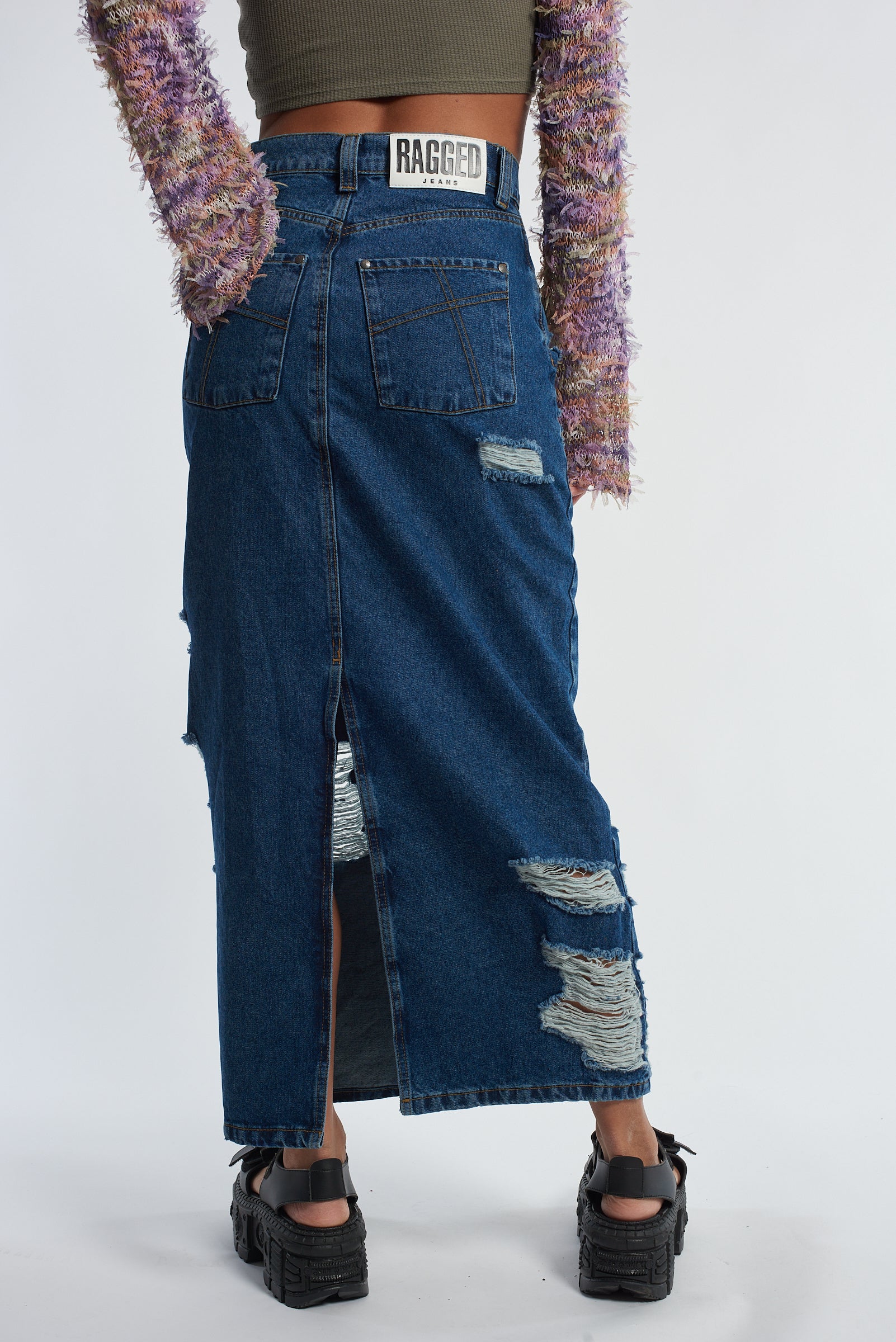Vintage Distressed Denim Maxi Skirt for Women - High Waisted Long Denim Skirt with Side Slits - Perfect for Casual Outfits, Music Festivals & Boho Style