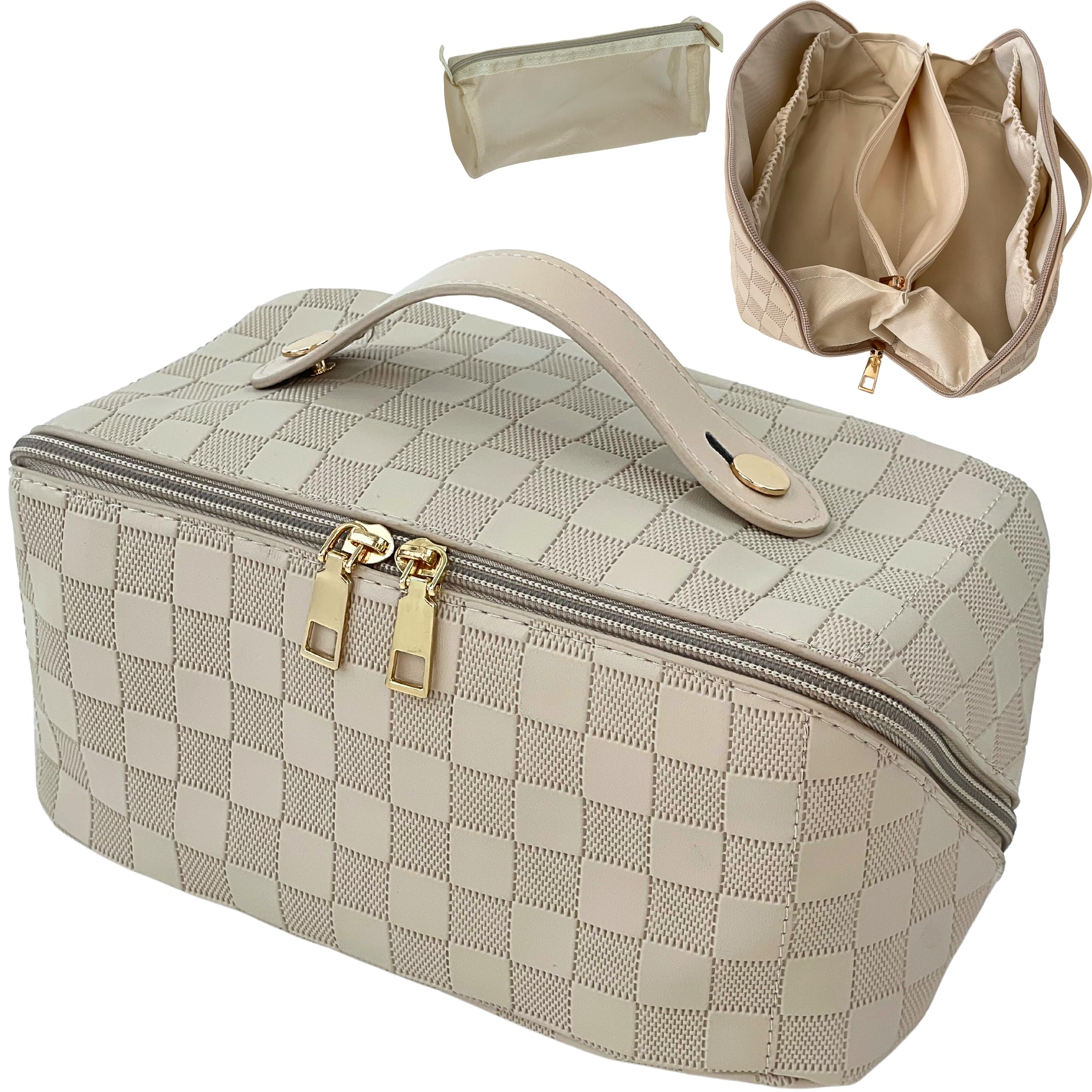 Large Capacity Waterproof Leather Travel Cosmetic Bag - Flat Opening Makeup Organizer with Handle & Divider for Easy Access | Perfect for Vacation, Gym & Daily Toiletry Storage
