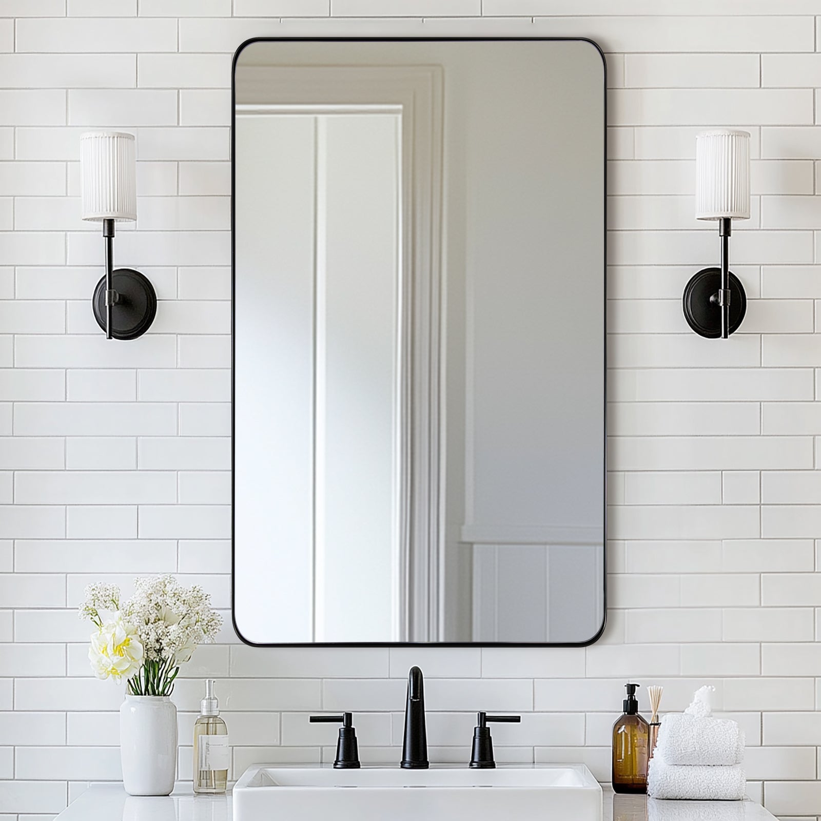Modern Rounded Rectangle Bathroom Mirror with Stainless Steel Frame - Perfect for Vanity, Wall Decor & Home Decoration