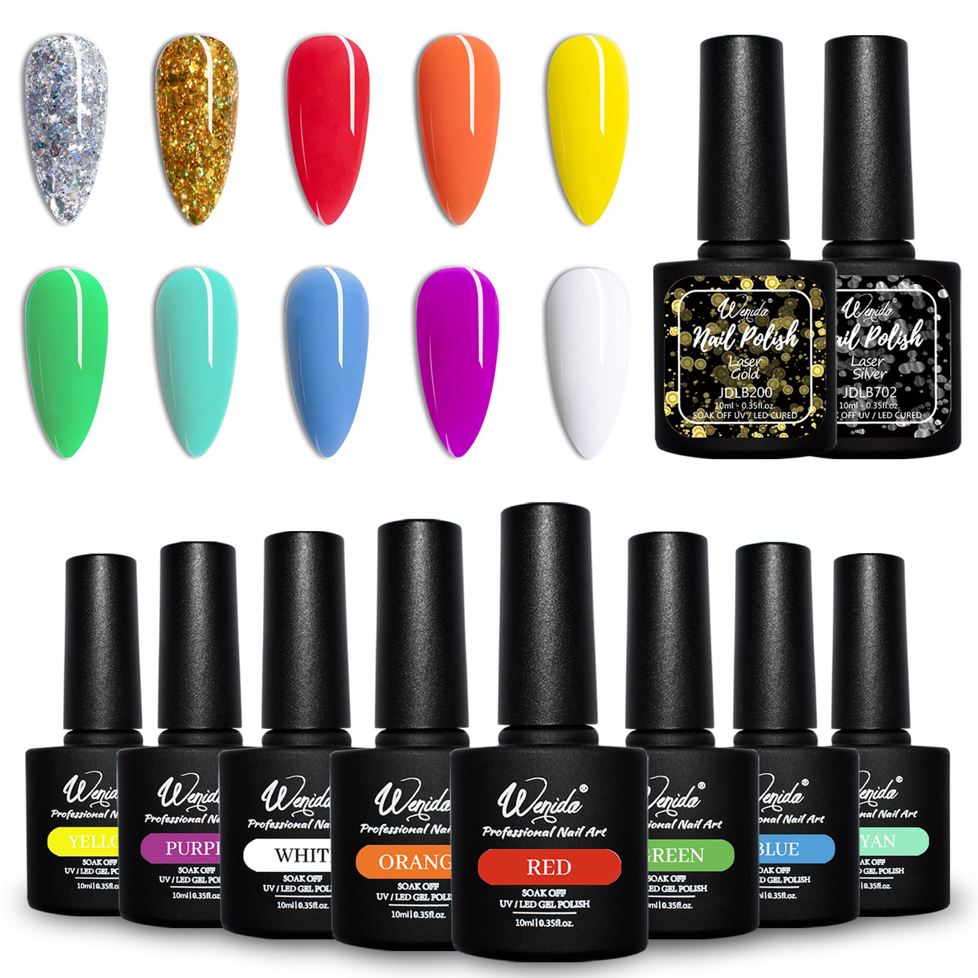 Wenida 10 Color Rainbow Holographic Glitter Gel Nail Polish Set - Gold Silver Chrome Chunky Glitter Soak Off Varnish for DIY Manicure | Home Salon, Party, Wedding Nail Art