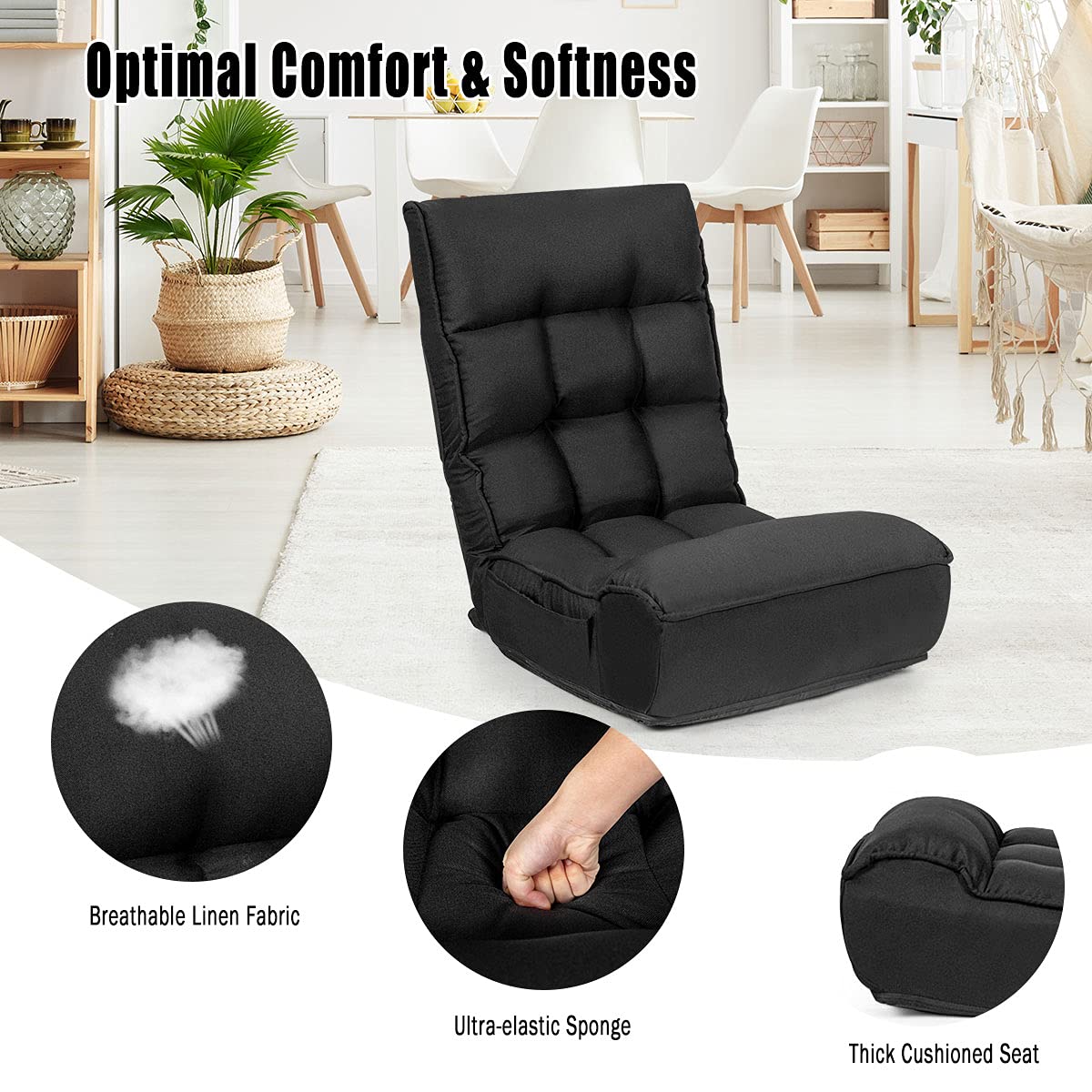 SAFSTAR Adjustable Folding Floor Chair - 5-Position Headrest & 4-Position Backrest Gaming Chair with Thick Cushion & Side Pocket - Comfortable Padded Seat for Living Room, Bedroom, Gaming, Reading & Relaxing