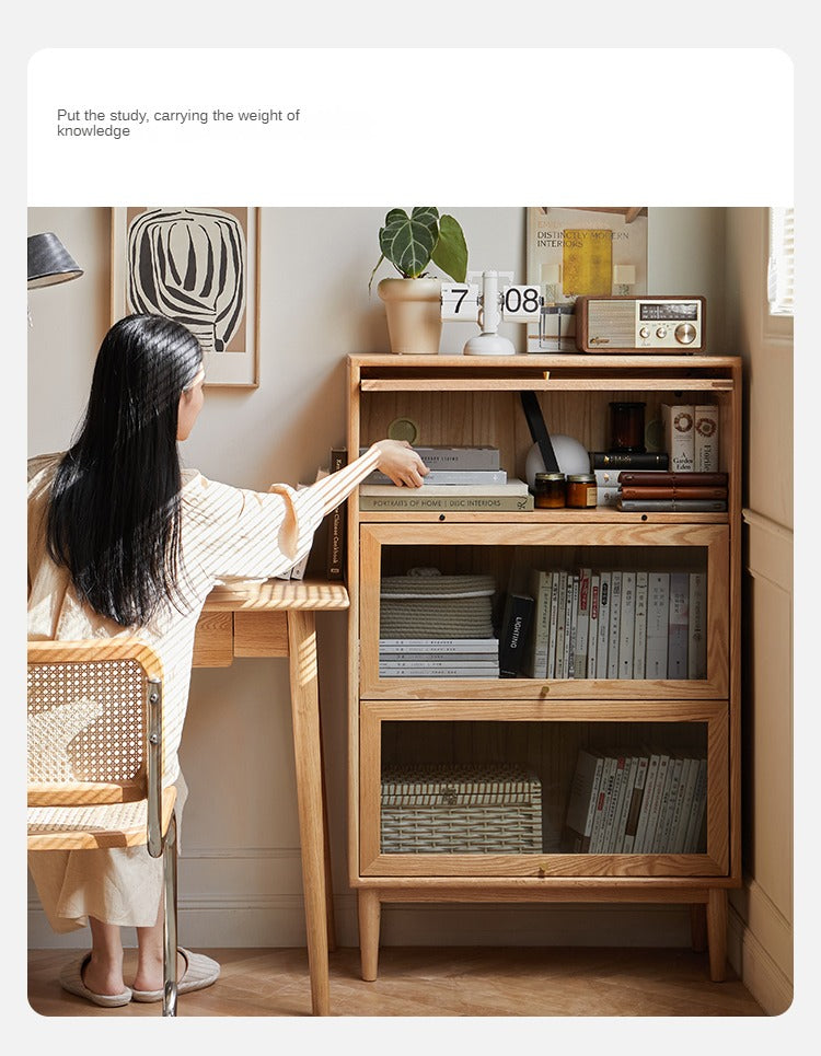 Premium Oak Solid Wood Multi-Layer Flip Door Glass Bookcase - Stylish Home Office Library Storage for Books, Decor & Collectibles