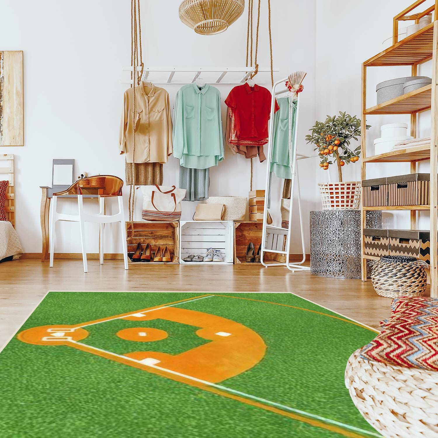 Non-Slip Modern Abstract Area Rug 63x94 Inches - Stain Resistant Carpet for Living Room & Bedroom, Baseball Field Design - Perfect for Home Decor, Office Spaces and High Traffic Areas