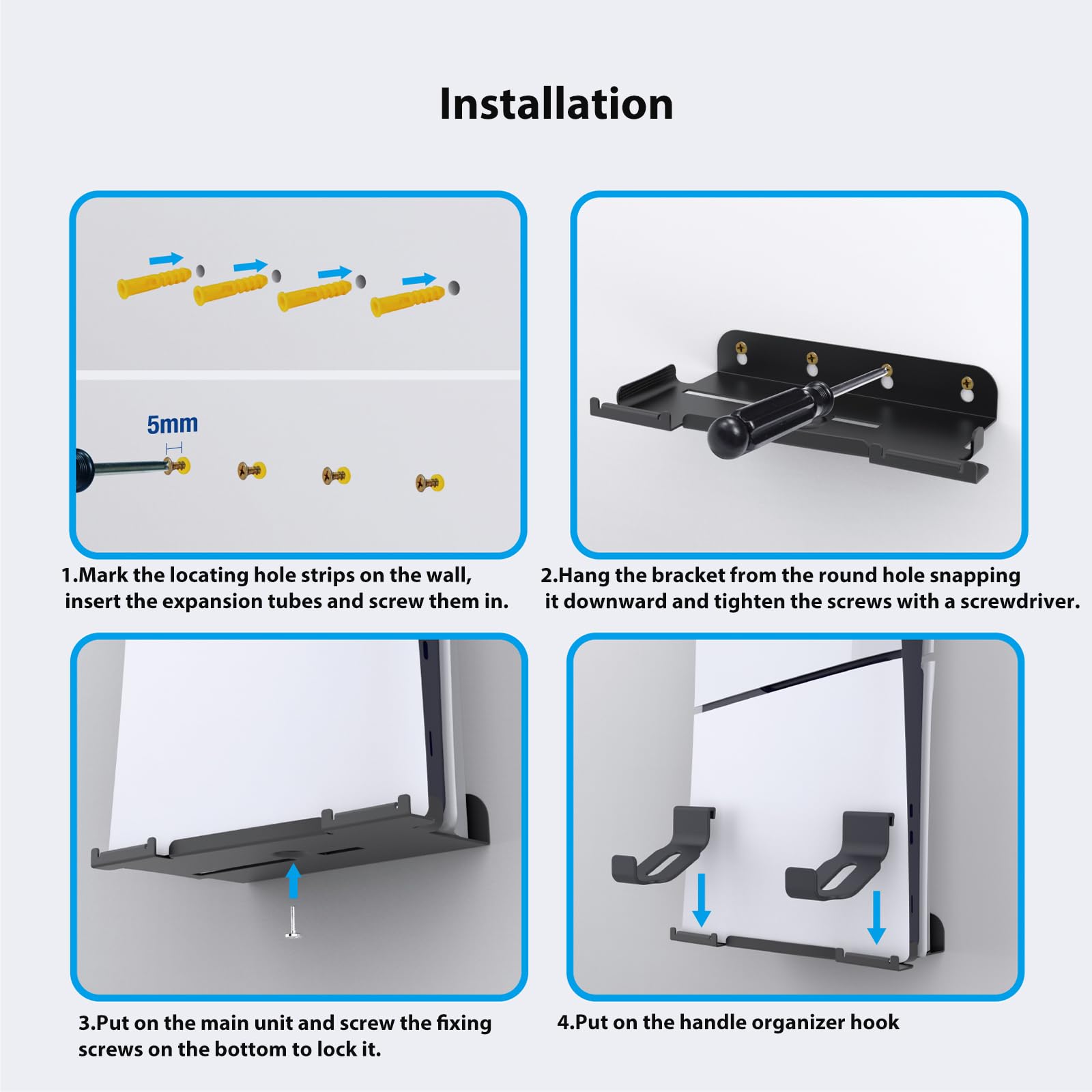 Upgraded Wall Mount Kit for PS5 Slim - Adjustable Bracket with 2 Removable Controller Holders & Headset Hook - Secure Screw Mounting for Living Room, Bedroom, or Gaming Setup