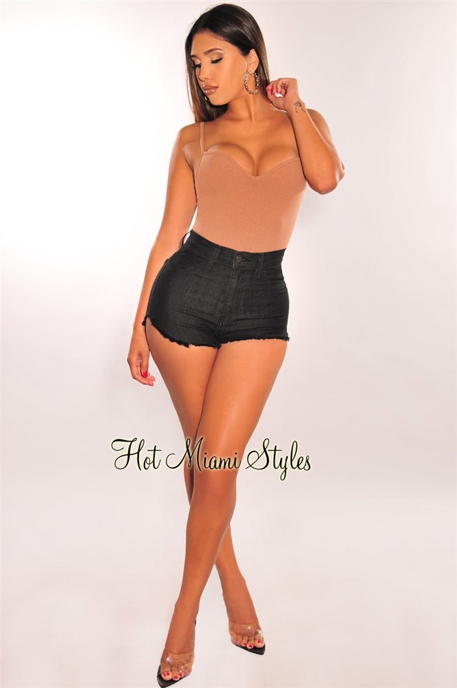 Black Denim High Waist Frayed Hem Slit Shorts for Women - Trendy Distressed Denim Shorts with High Waist & Side Slits - Perfect for Summer Outfits, Beach Vacations & Casual Street Style