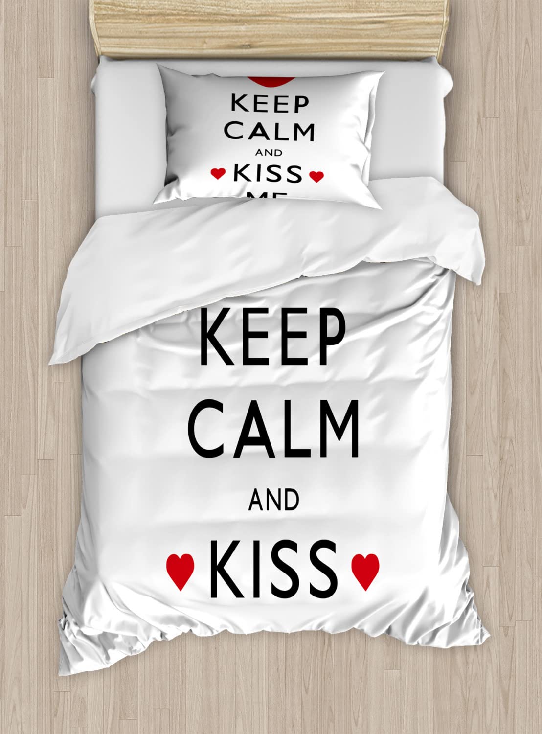 Ambesonne Keep Calm Duvet Cover Set - Romantic Kiss Me Design with Red Hearts for Valentine's Day, 2-Piece Twin Size Bedding Set with 2 Pillowcases (Black/Red/White) - Perfect for Couples' Bedroom Decor & Romantic Gift Ideas