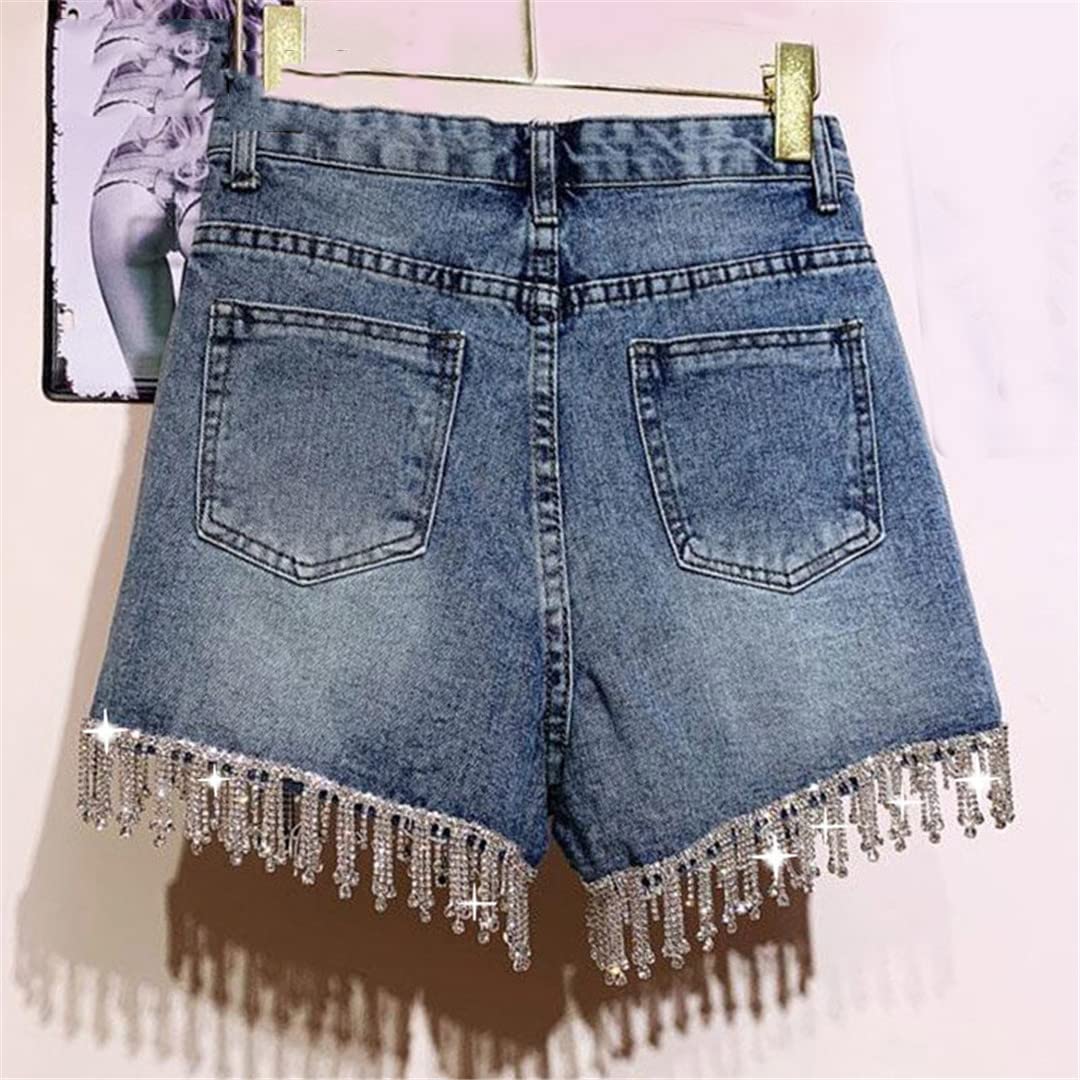 Women's Rhinestone Tassel Denim Shorts - High Waist Wide Leg Distressed Jean Shorts with Patchwork & Studded Details | Perfect for Streetwear, Summer Outfits & Music Festivals