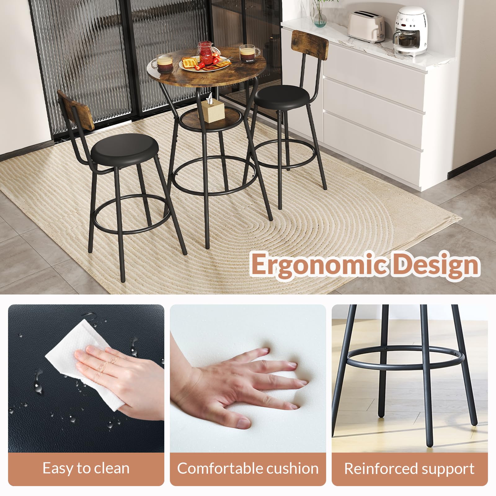 3-Piece Round Bar Table and Chair Set - Small Dining Table for 2 with 2 Upholstered Stools, Modern Kitchen Breakfast Nook Set in Rustic Brown - Perfect for Small Spaces, Apartments, Kitchen Nooks & Bistro Dining