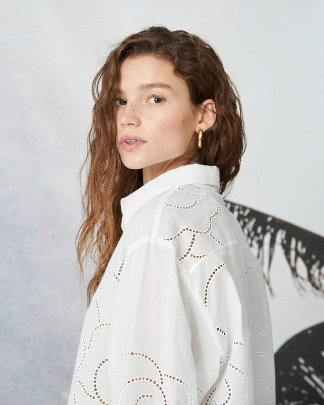 Floral Embroidery Shirt for Women - White Cotton Blouse with Handmade Floral Design - Perfect for Spring Outfits, Casual Wear & Boho Fashion