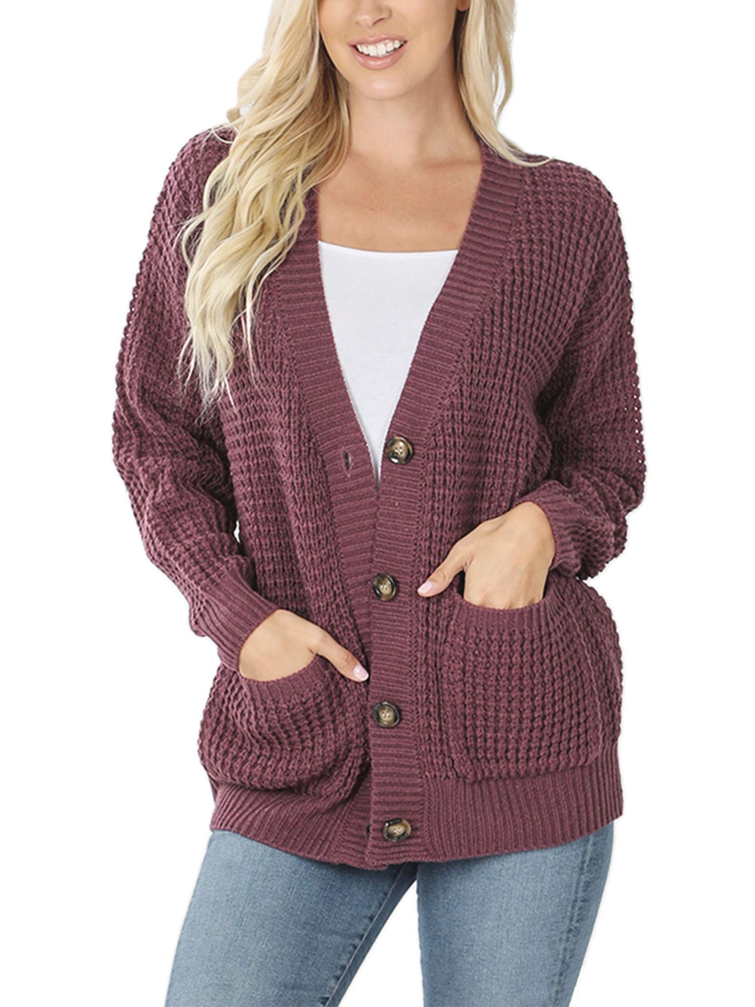 KOGMO Women's Waffle Knit Button Down Cardigan with Pockets - Cozy Long Sleeve Open Front Sweater for Fall & Winter - Perfect for Office, Casual Outfits and Layering