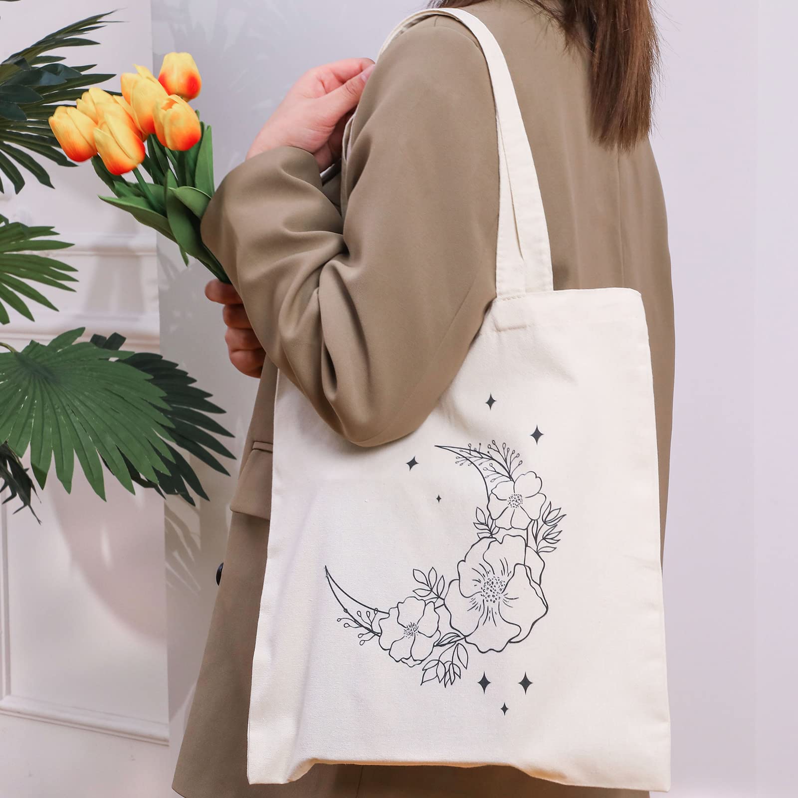 Stylish 4-Pack Canvas Tote Bags for Women - Eco-Friendly Reusable Grocery Shopping Bags with Wildflower Print - Perfect for Grocery Shopping, Beach Trips, and Daily Errands
