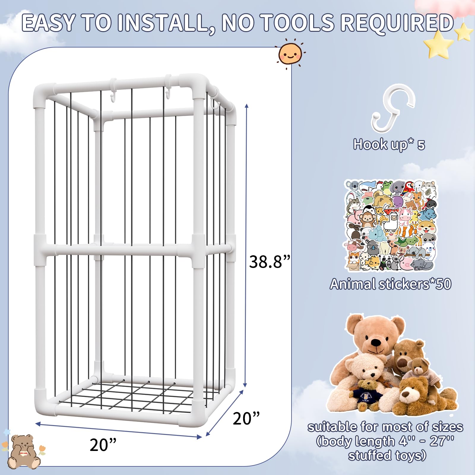 Soft Plush Toy Storage Organizer with Nets - Kids Stuffed Animal Zoo Holder Standing Shelf for Playroom & Nursery Decor - Durable Thick Tube Design for Toy Box & Room Organization