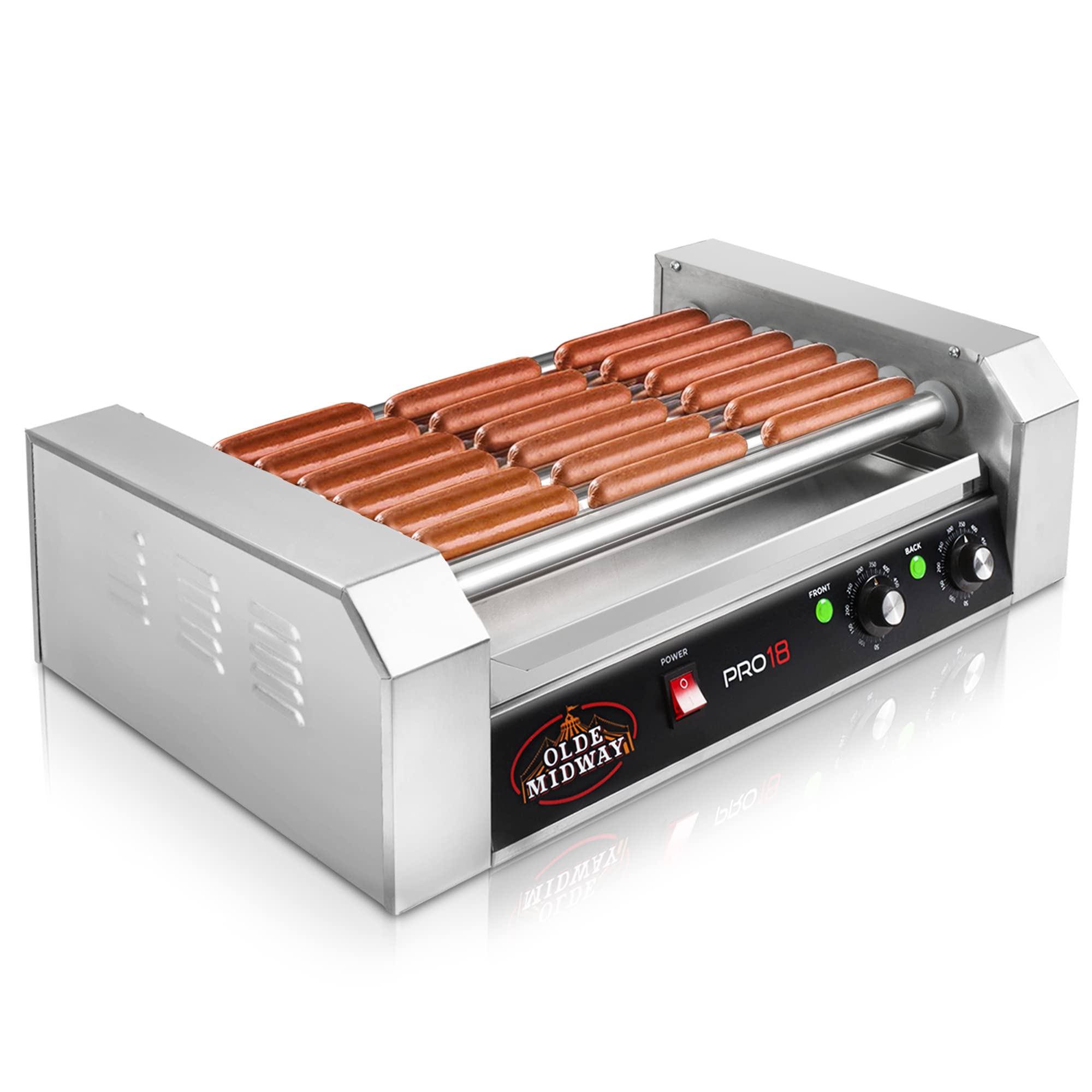 Olde Midway Electric 18 Hot Dog 7 Roller Grill Cooker Machine 900W - Commercial Grade Hot Dog Warmer for Restaurants, Carnivals & Food Trucks - Perfect for Hot Dogs, Sausages & Sandwiches