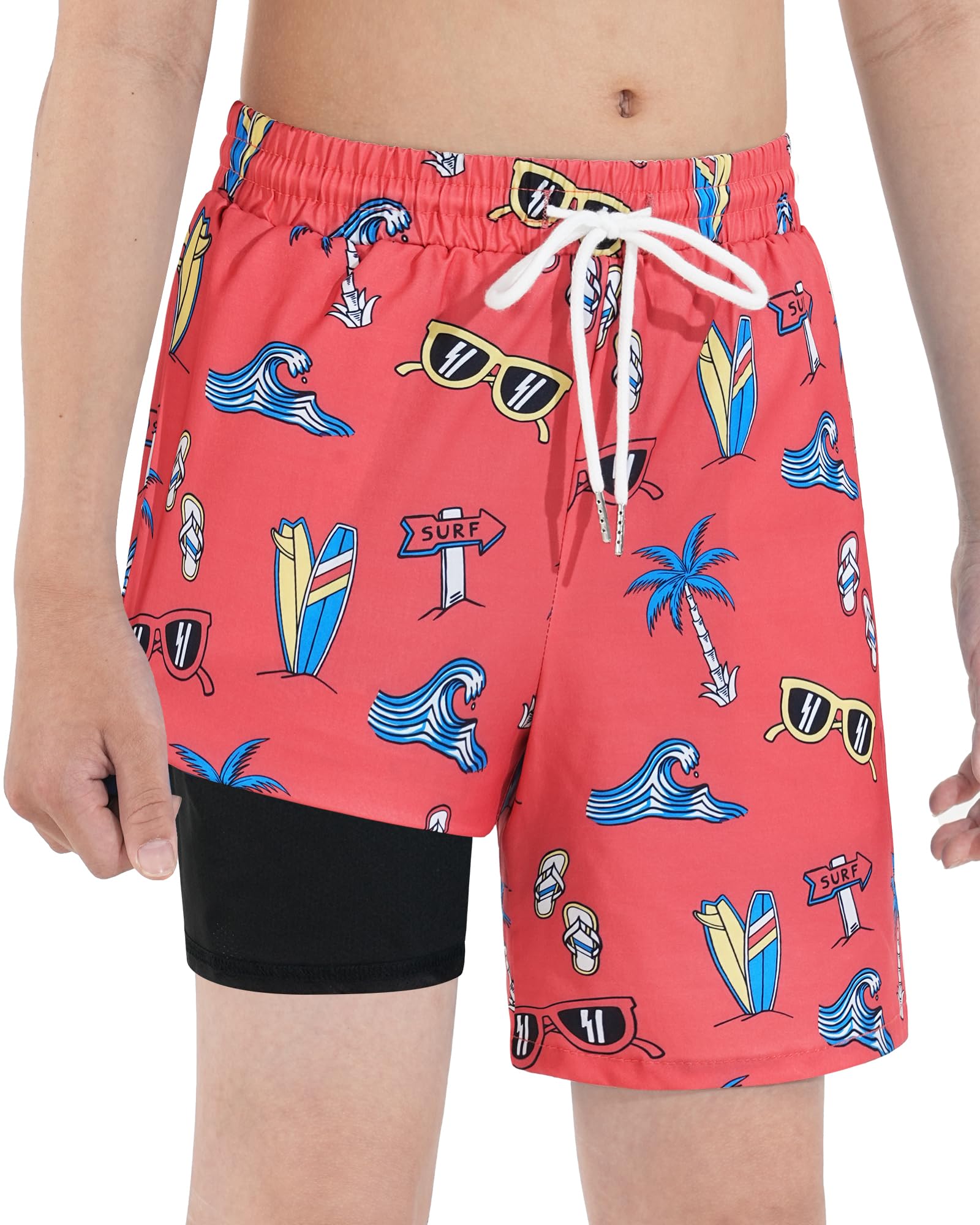 HASMES Boys Swim Trunks with Compression Liner - Quick Dry Bathing Suit & Board Shorts for Kids & Teens 5-14 Years - Perfect for Swimming, Beach, Pool & Water Sports Activities