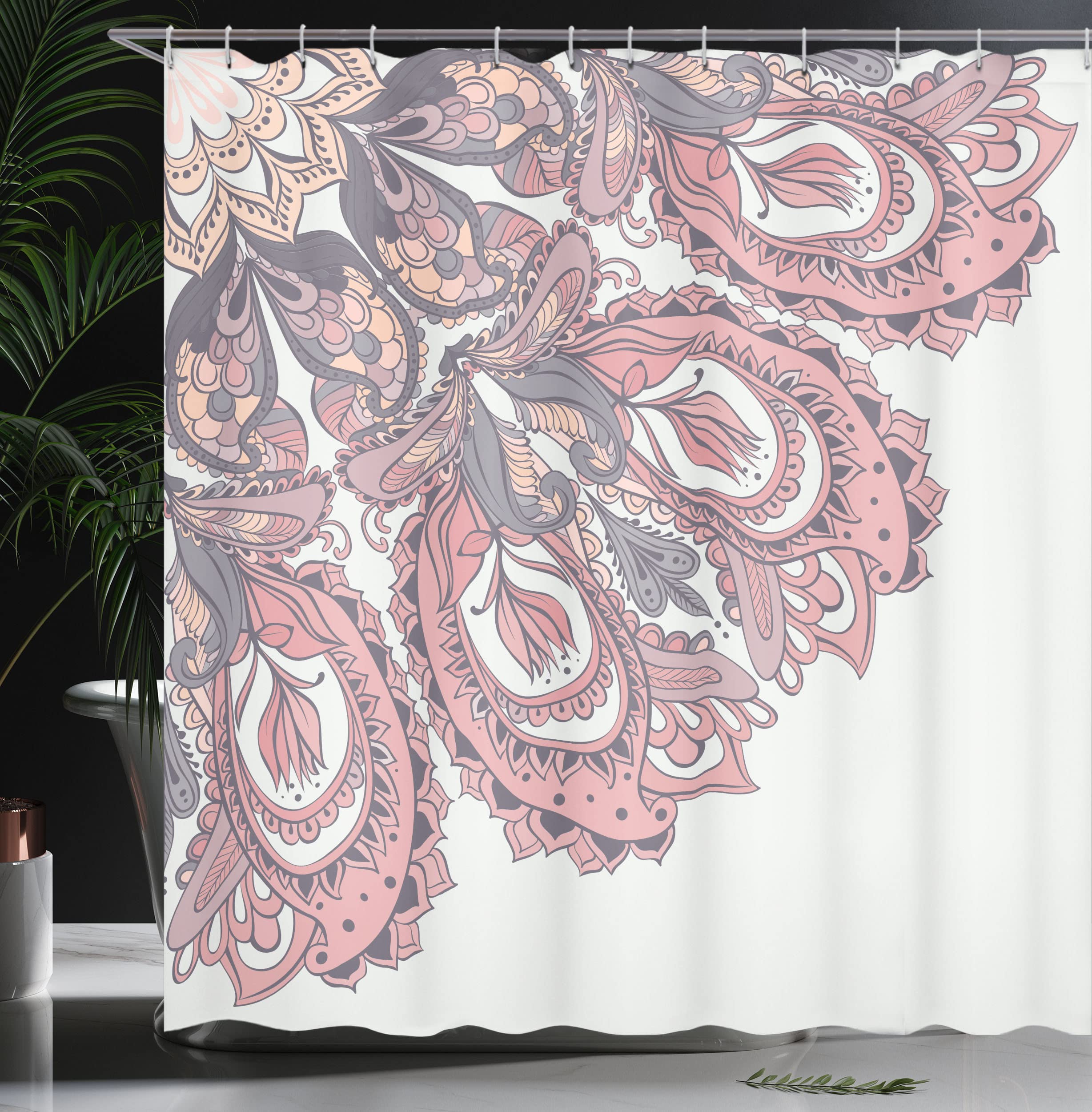 Ambesonne Mandala Shower Curtain - Traditional Paisley Mystic Design with Detailed Edge Pattern, 69x70 Inches, Blush Peach - Waterproof Fabric Bathroom Decor with Hooks for Spa, Yoga & Bohemian Style Homes