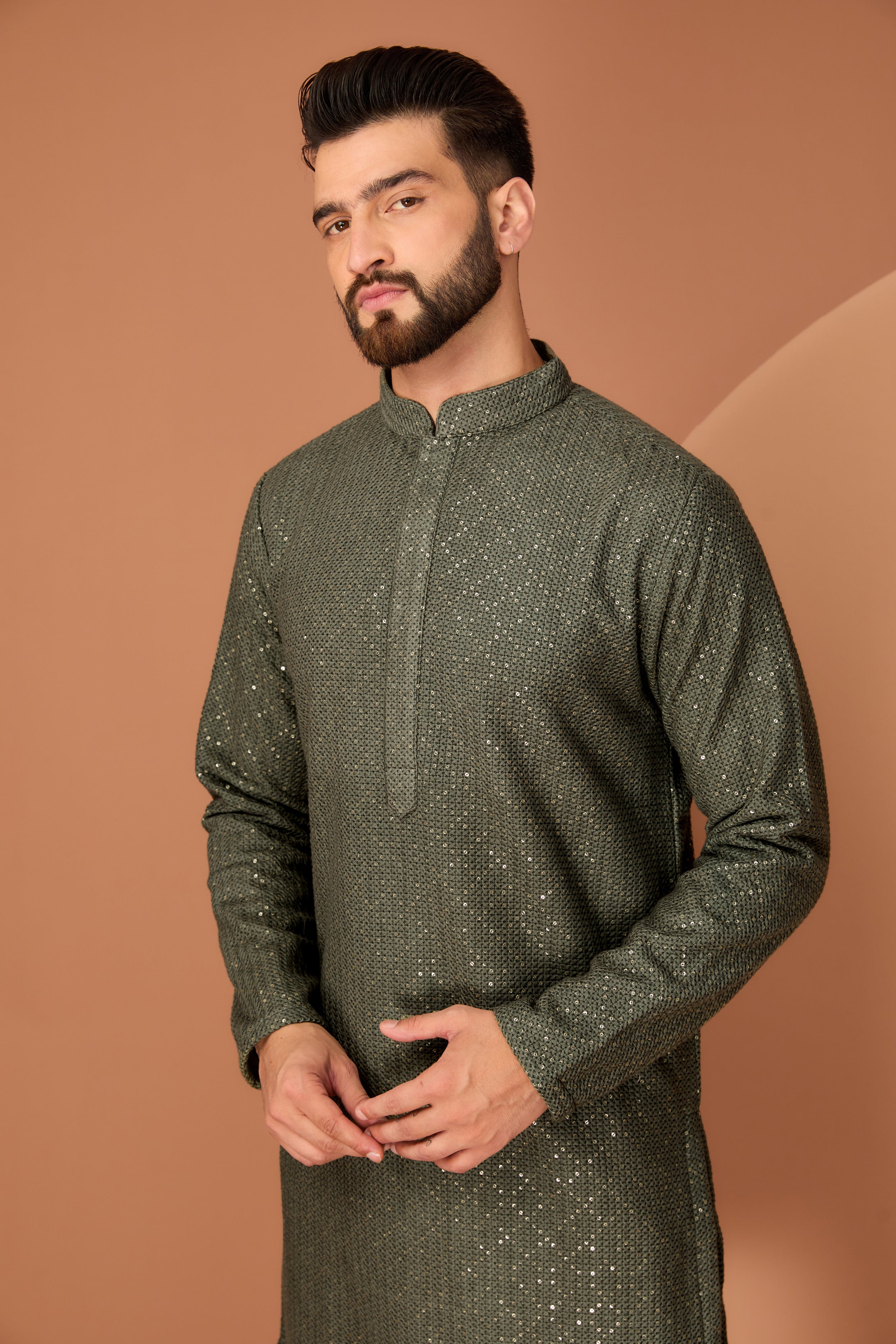 Elegant Military Green Chikankari Kurta with Heavy Thread & Sequins Embroidery - Perfect for Festivals, Weddings & Ethnic Occasions