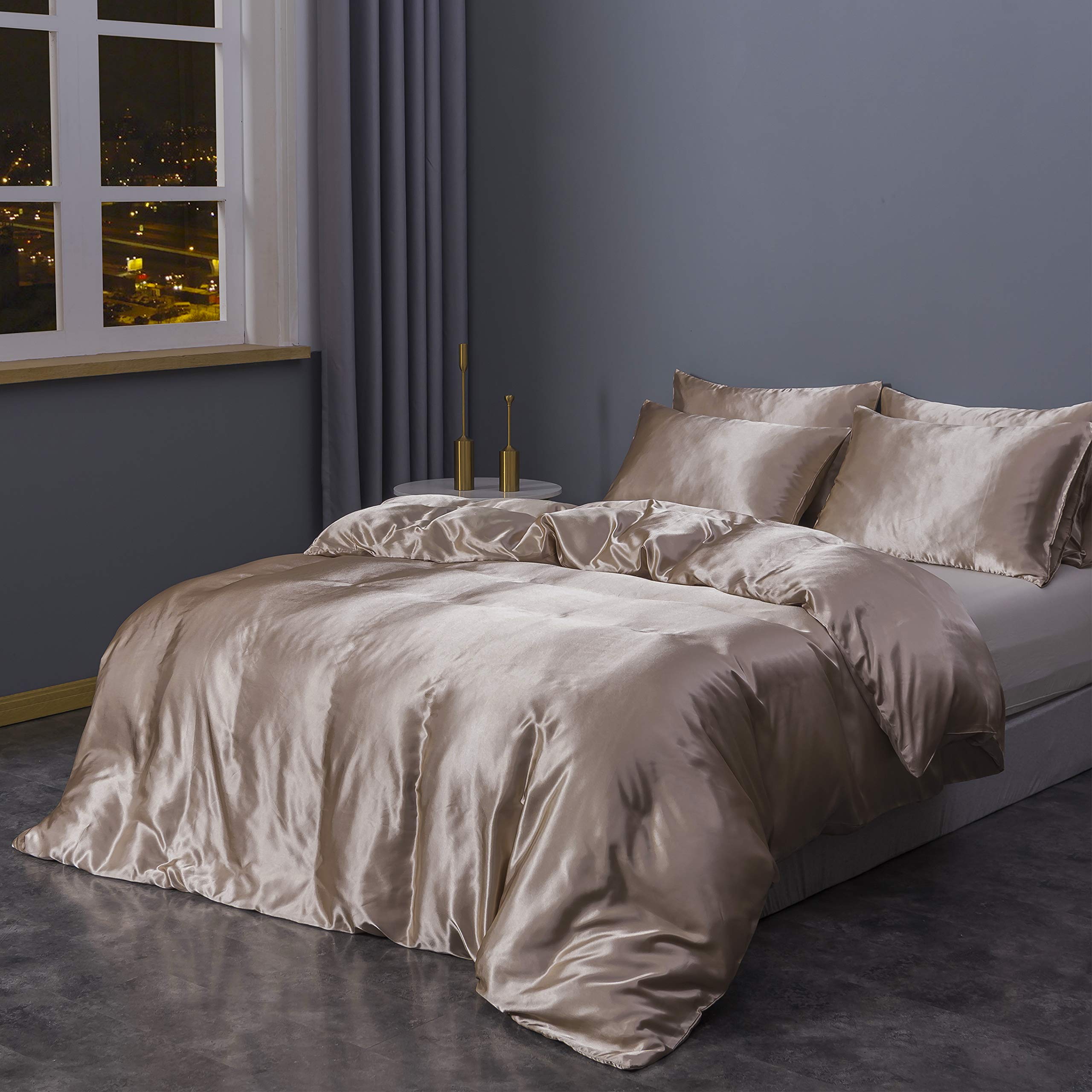 Sleepymoon Silk-Like Duvet Cover Set - Twin, Full, Queen, King Size (Champagne Color) - Includes Duvet Cover & Pillow Shams | Luxury Bedding for Master Bedroom, Guest Room & Hotel Style Decor