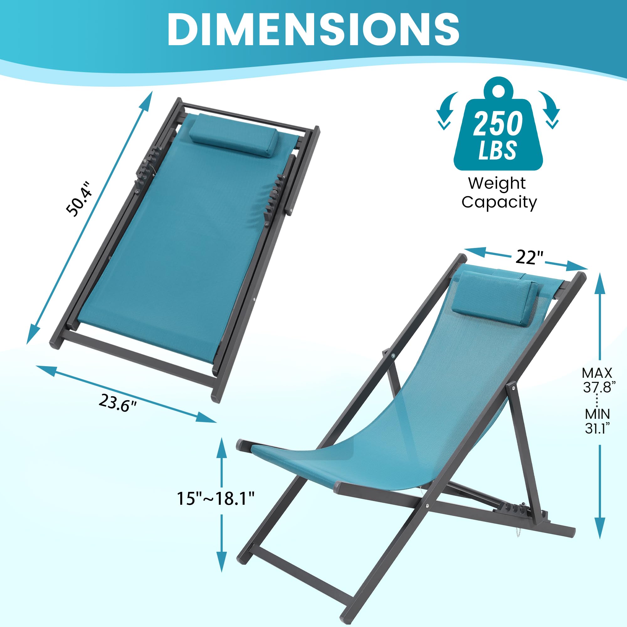 2 Pack UV-Resistant Waterproof Outdoor Patio Sling Chairs - Lightweight Foldable Aluminum Frame - Perfect for Backyard, Poolside, Beach & Garden Relaxation - Blue