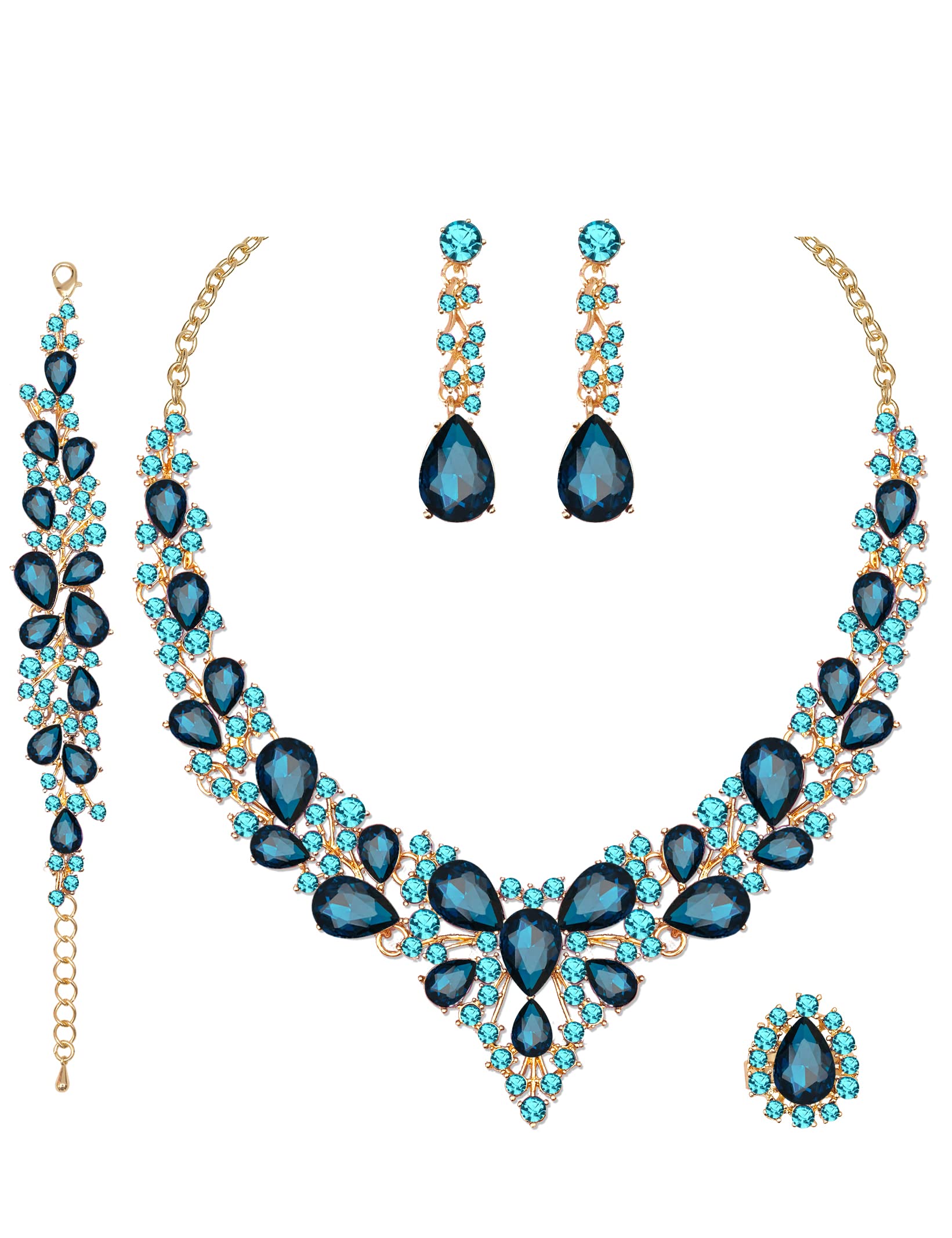 CSY 4-Piece Austrian Crystal Bridal Jewelry Set - Necklace, Earrings, Bracelet & Ring for Weddings, Parties & Special Occasions | Elegant Costume Accessories & Gifts for Women