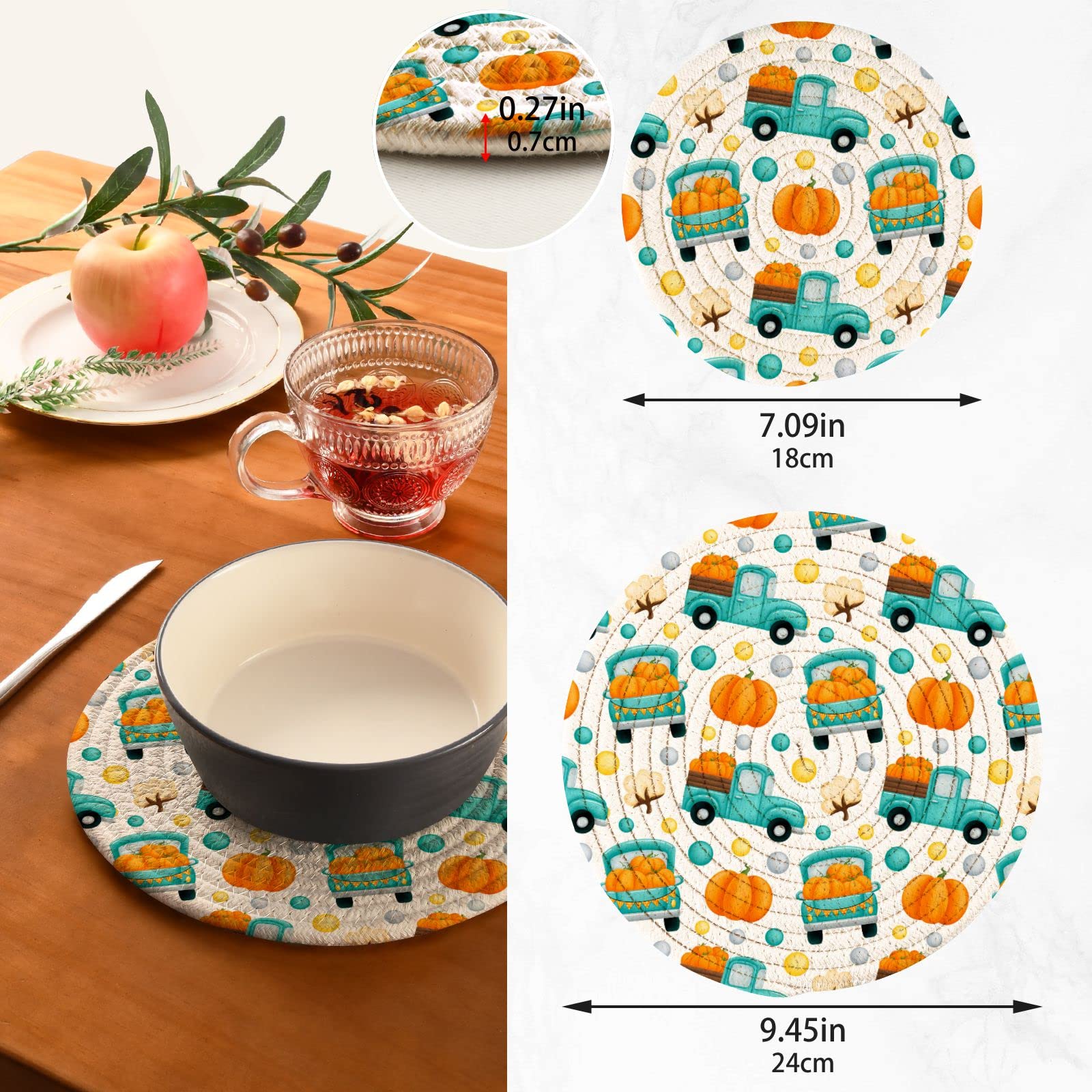 **Heat Resistant Pumpkin Truck Autumn Pot Holders - 2-Pack Fall Harvest Cotton Trivets for Hot Dishes, Pans & Bowls | Perfect for Thanksgiving, Kitchen Decor & Cozy Fall Tablescapes**