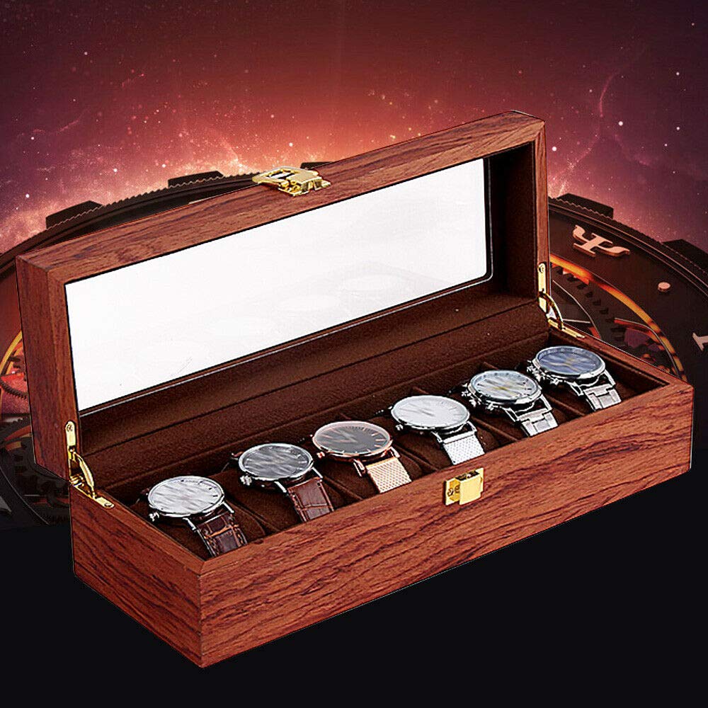 Wooden Watch Box for Men - 6 Grids Rose Wood Grain Watch Organizer & Jewelry Storage for Travel & Display