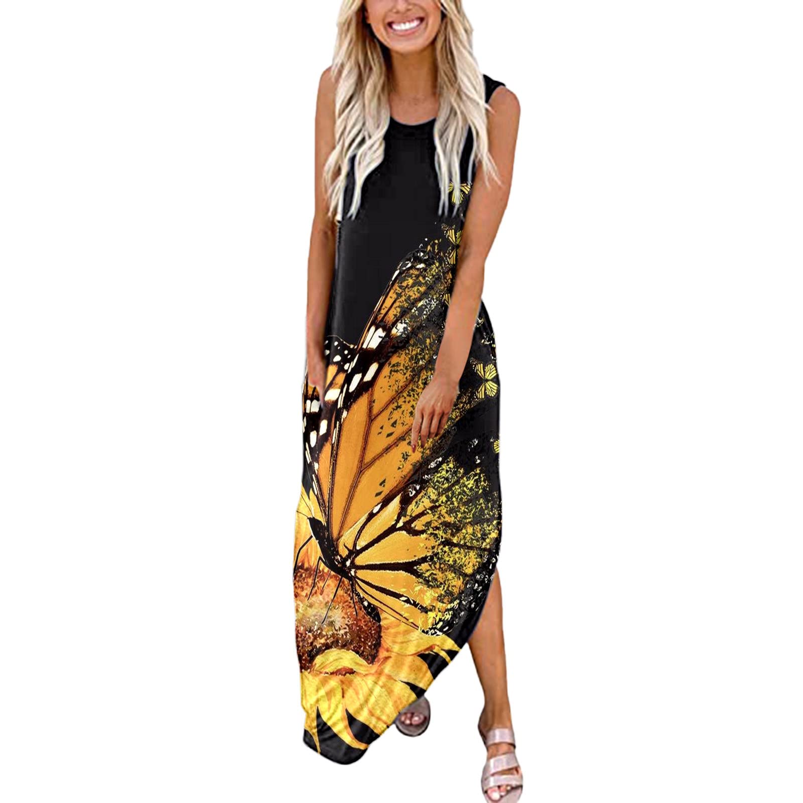Women's Summer Maxi Dress - Sleeveless Boho Beach Wrap Dress with Side Slit & Pockets | Perfect for Vacations, Pool Parties & Casual Outings