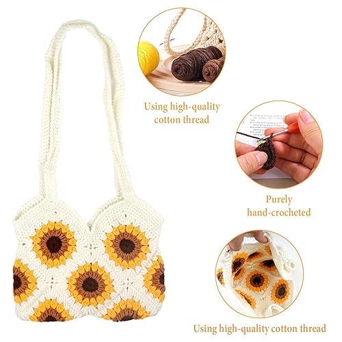 Sunflower Crochet Crossbody Bag for Women - Handmade Woven Tote Beach Purse, Large Knit Shoulder Bag for Vacation, Travel, Shopping & Summer Outfits (White-2)
