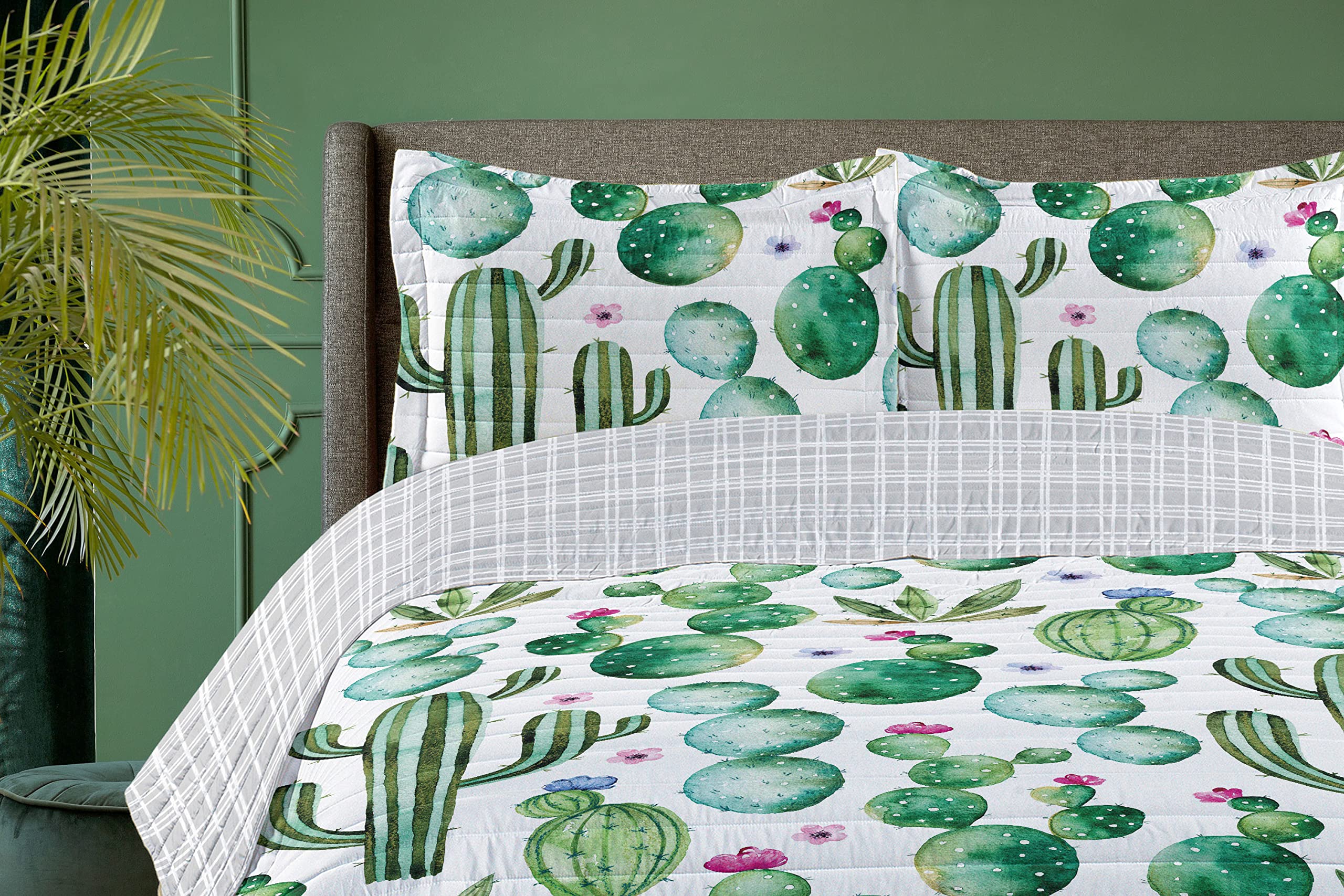 Ambesonne Reversible King Size Bedspread Set - Mexican Cactus Cartoon Print Microfiber Bedding with Pillow Shams in Lime Green & Pale Pink | Perfect for Southwestern Decor, Guest Room Makeover, and Cozy Bedroom Upgrade