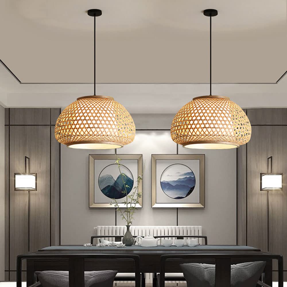 Bamboo Art Pendant Light - Chinese Style Wicker Lantern Suspension Lighting with E27 Socket for Kitchen Island, Bedroom, Restaurant & Coffee Bar | Rustic Home Decor & Ambient Dining Lighting