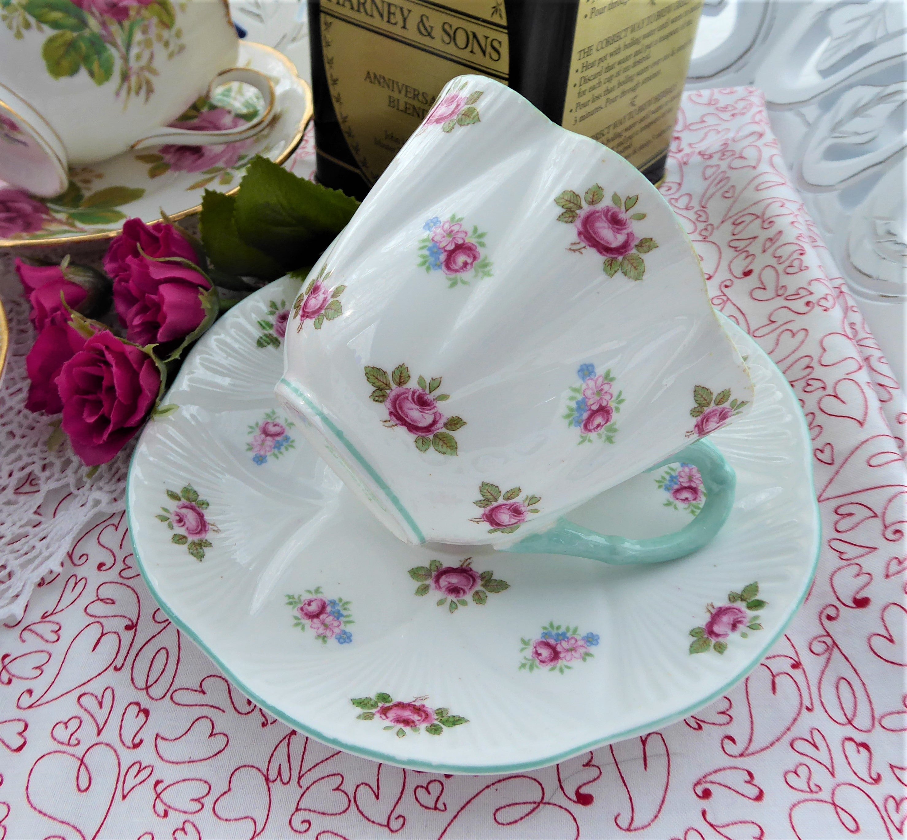 Elegant Shelley Teacup and Saucer Set - Vintage Rosebud Design with Blue Trim, Fine Bone China - Perfect for Afternoon Tea, Bridal Showers & English Tea Parties