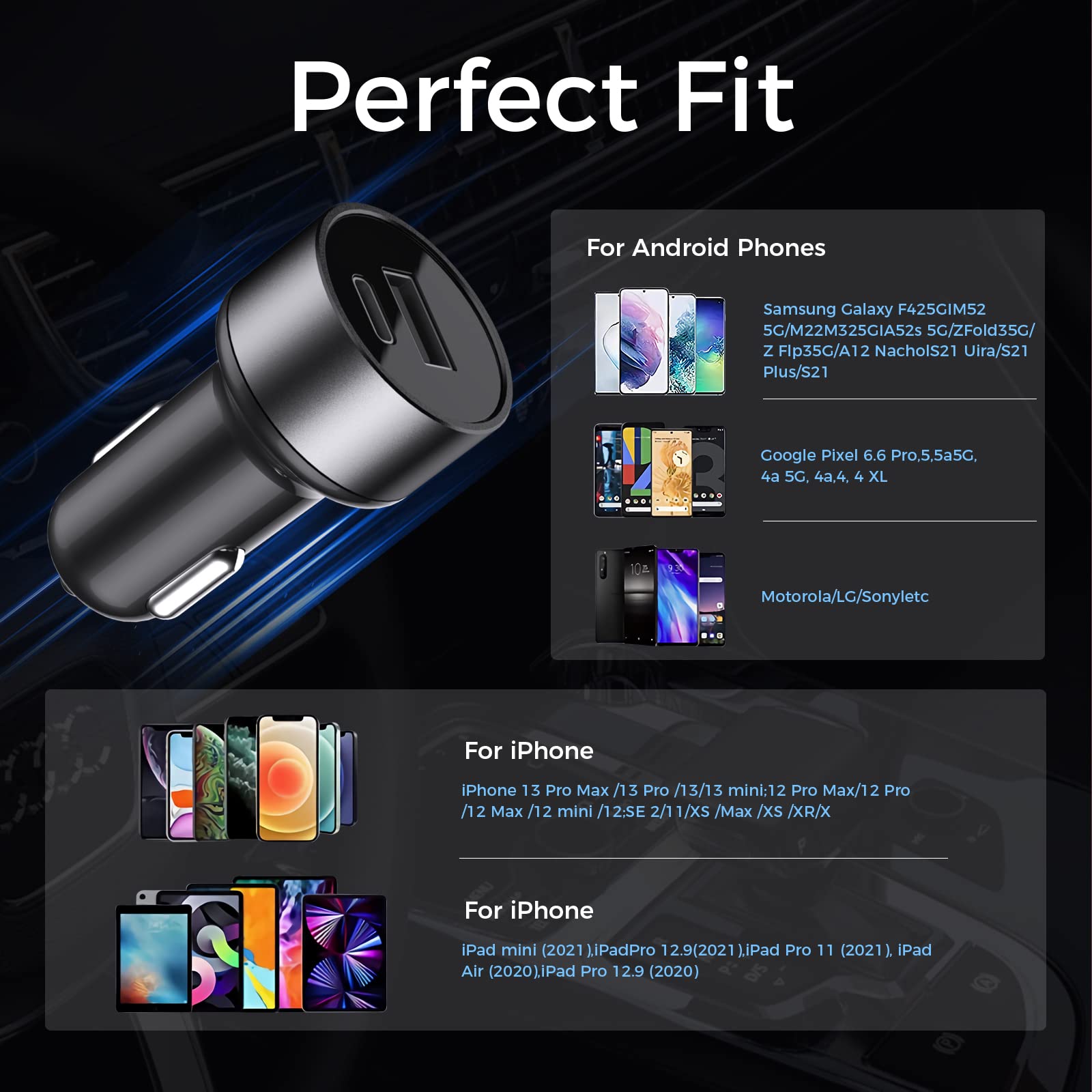 45W Fast Car Charger with 3A USB Port - Compatible with iPhone 14 Pro Max/13/12/11/X/6s, iPad Air 2/Mini 3, Samsung Note 9/S10/S9/S8 - Metal Flush Fit Design for Road Trips & Daily Commute