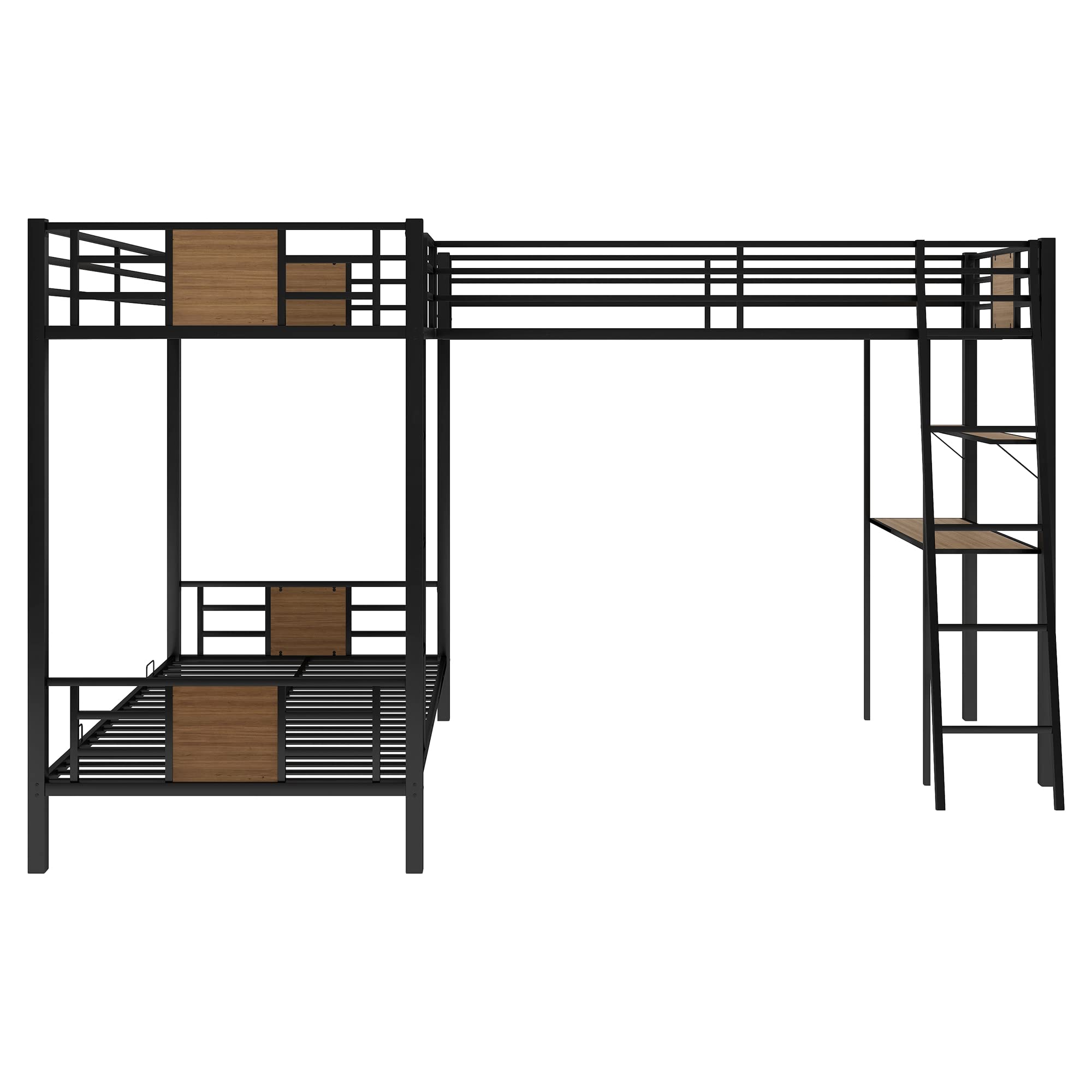Sturdy Metal L-Shaped Triple Bunk Bed with Twin Over Twin & Loft Bed - Includes Built-in Desk & Shelves - Space-Saving 3-Tier Bunk Bed for Kids, Teens & Adults - Brown Finish - Perfect for Small Bedrooms, Dorms & Shared Kids' Rooms