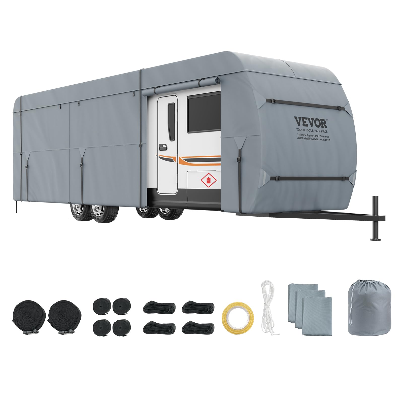 VEVOR 24-26' RV Travel Trailer Cover - 4-Layer Waterproof Windproof Camper Cover with Storage Bag | Heavy Duty Rip-Stop Non-Woven Fabric for Class A Motorhomes | Perfect for Outdoor Storage & Winter Protection