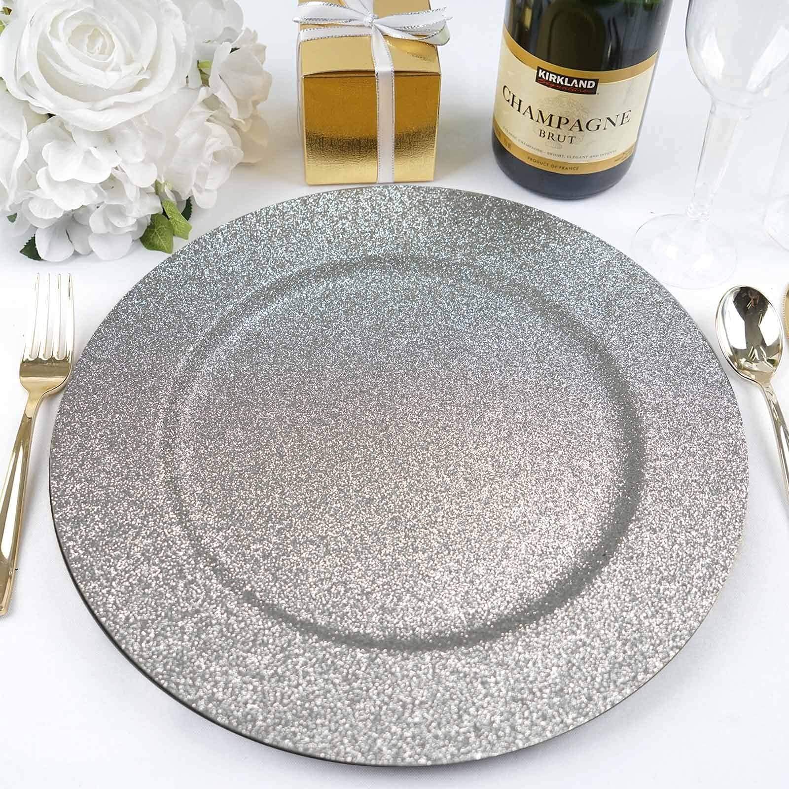 13 Inch Silver Glitter Round Balsa Charger Plates - Set of 24 - Elegant Party Dinnerware for Weddings, Holidays & Special Occasions