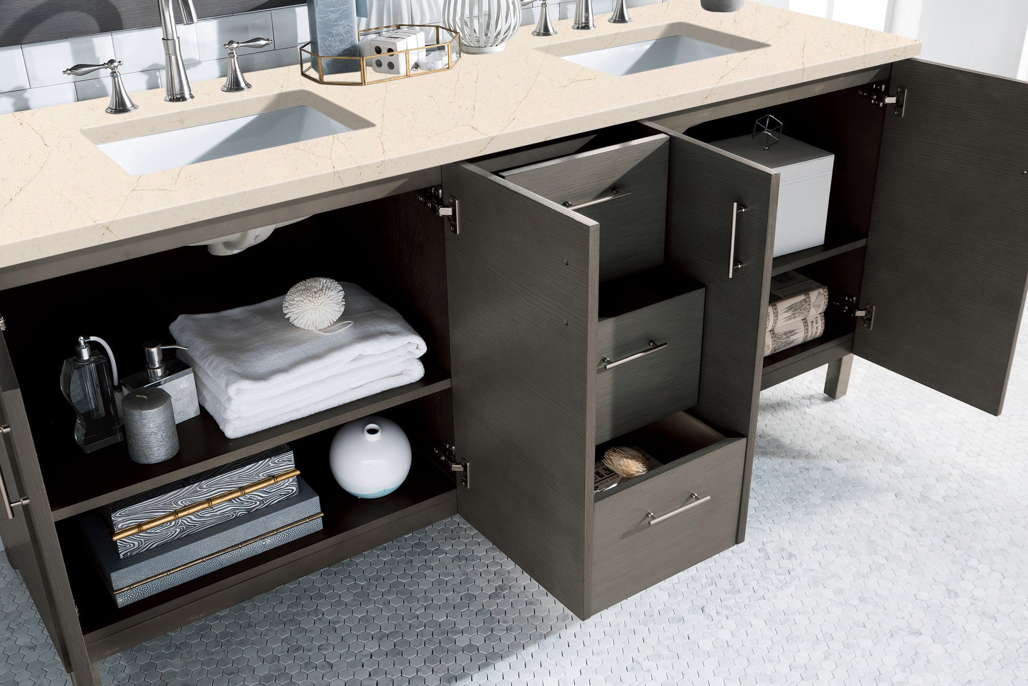 Metropolitan 72 Inch Double Bathroom Vanity with 3CM Eternal Marfil Quartz Countertop in Silver Oak - Perfect for Master Bathroom & Luxury Home Renovation