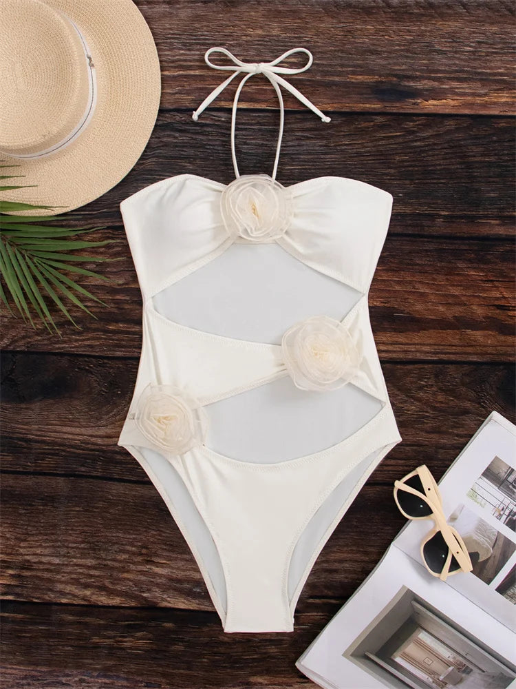 2024 Sexy 3D Flower Halter One Piece Swimsuit for Women - High Waist Monokini with Cut Out Design | Perfect for Beach Vacations, Pool Parties & Summer Getaways