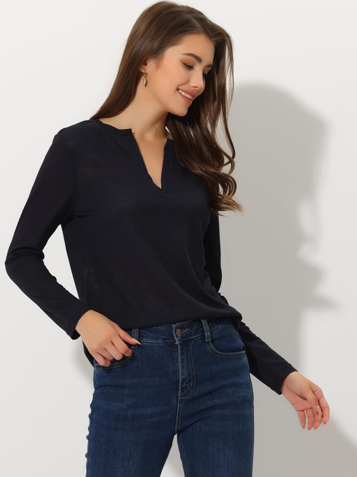 Allegra K Women's Waffle Knit Business Casual Blouse - Ribbed V-Neck Long Sleeve Tops for Office, Work & Everyday Wear