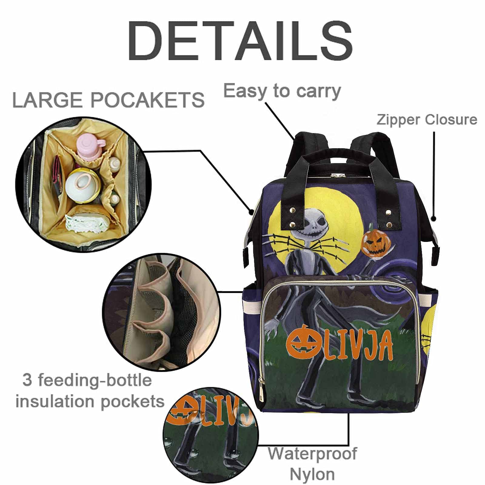 Personalized Halloween Diaper Backpack for Parents - Custom Nightmare Before Christmas Baby Bag for Newborn Boys & Girls - Daycare Diaper Bag - Perfect Baby Shower Gift for Mom - Great for Trick-or-Treating, Travel & Daily Use
