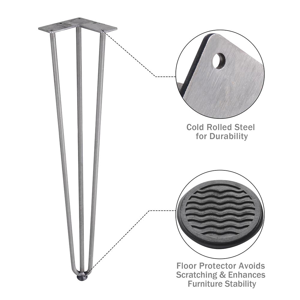 TheLAShop 28 Inch Hairpin Legs Set of 4 - 3 Rod Steel Furniture Legs in Raw Steel Finish - Perfect for DIY Coffee Tables, Benches, and Modern Furniture Projects