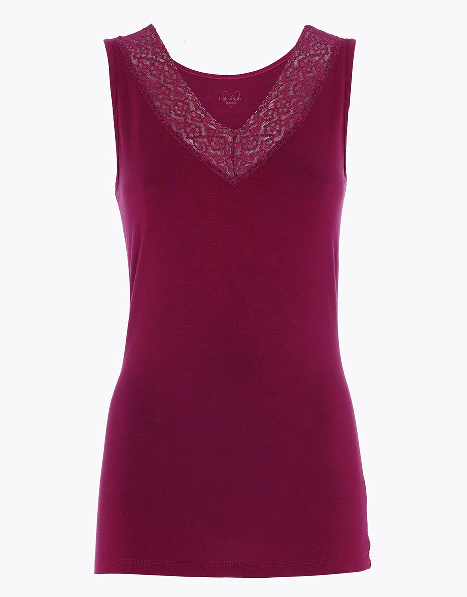 Women's Bordeaux Lace Wide Strap Viscose Tank Top - Soft & Warm for Casual Wear, Layering, and Summer Outfits