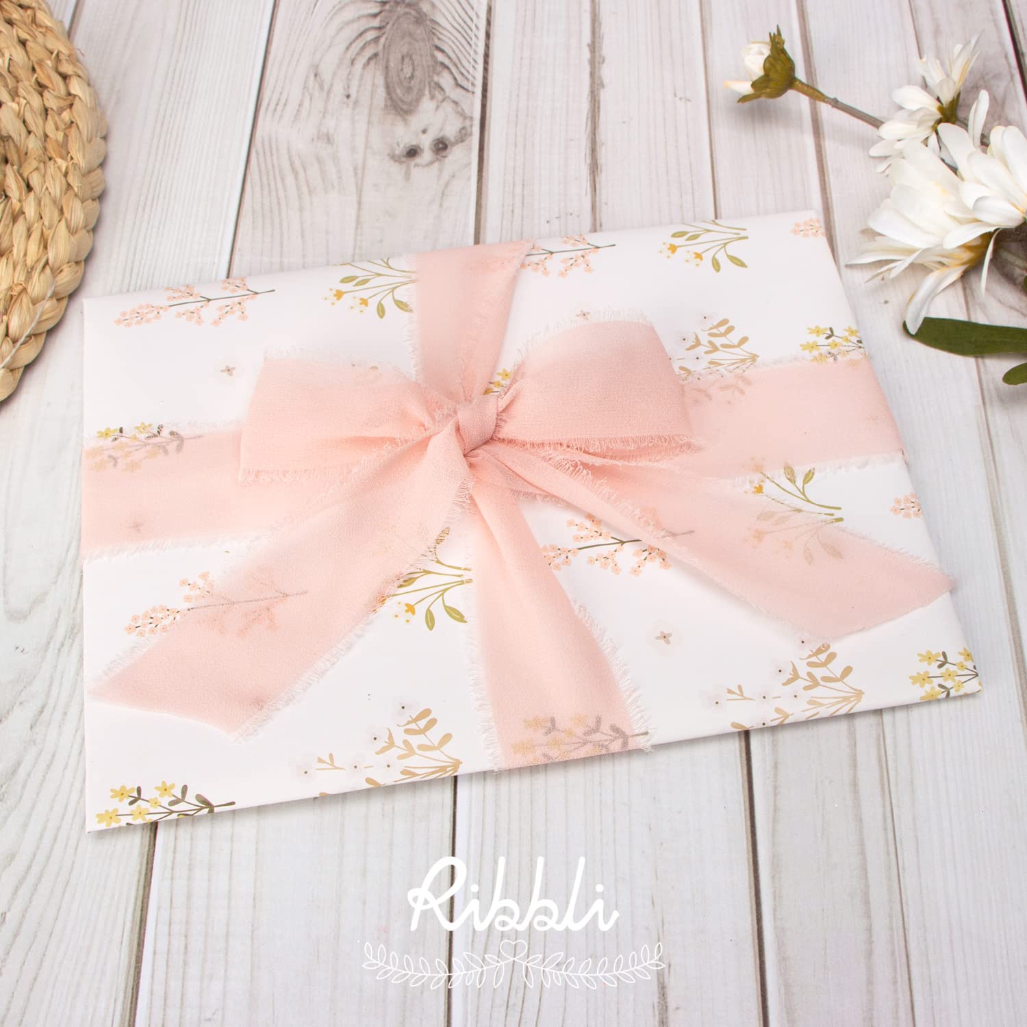 Ribbli Blush Pink Chiffon Ribbon 1.5 Inch x 20 Yards - Handmade Silk Fringe Ribbon for Wedding Invitations, Bridal Bouquets, Floral Arrangements - Perfect for DIY Crafts, Gift Wrapping & Party Decorations
