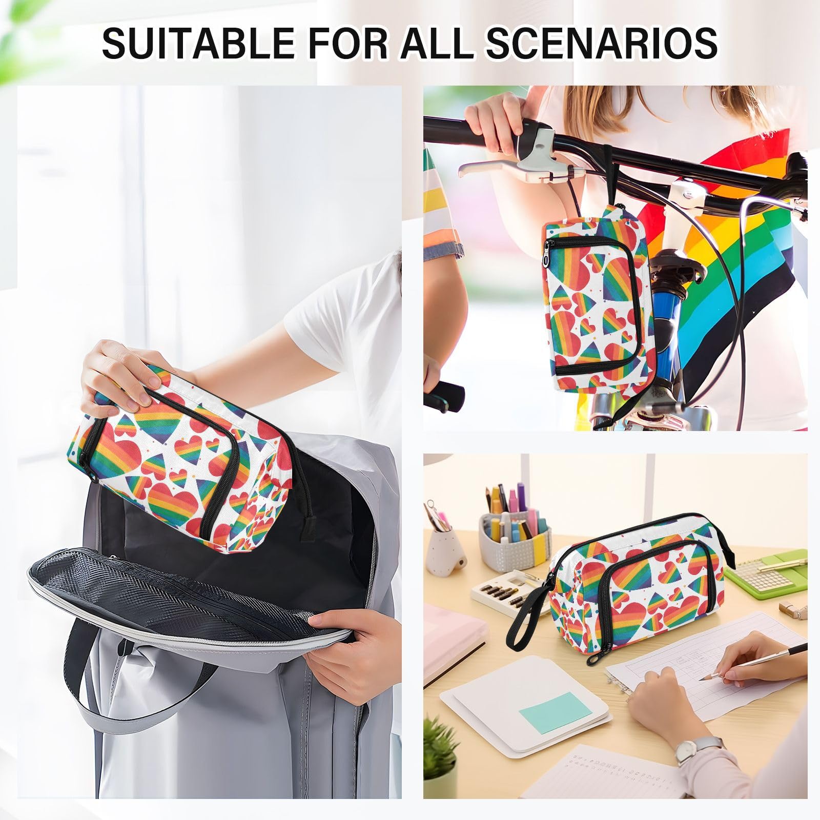 GAIGEO Rainbow Heart Pattern Pencil Pouch - Large Capacity School Supplies Organizer for Pens, Markers & Art Tools - Perfect for Students, Office & Travel Use